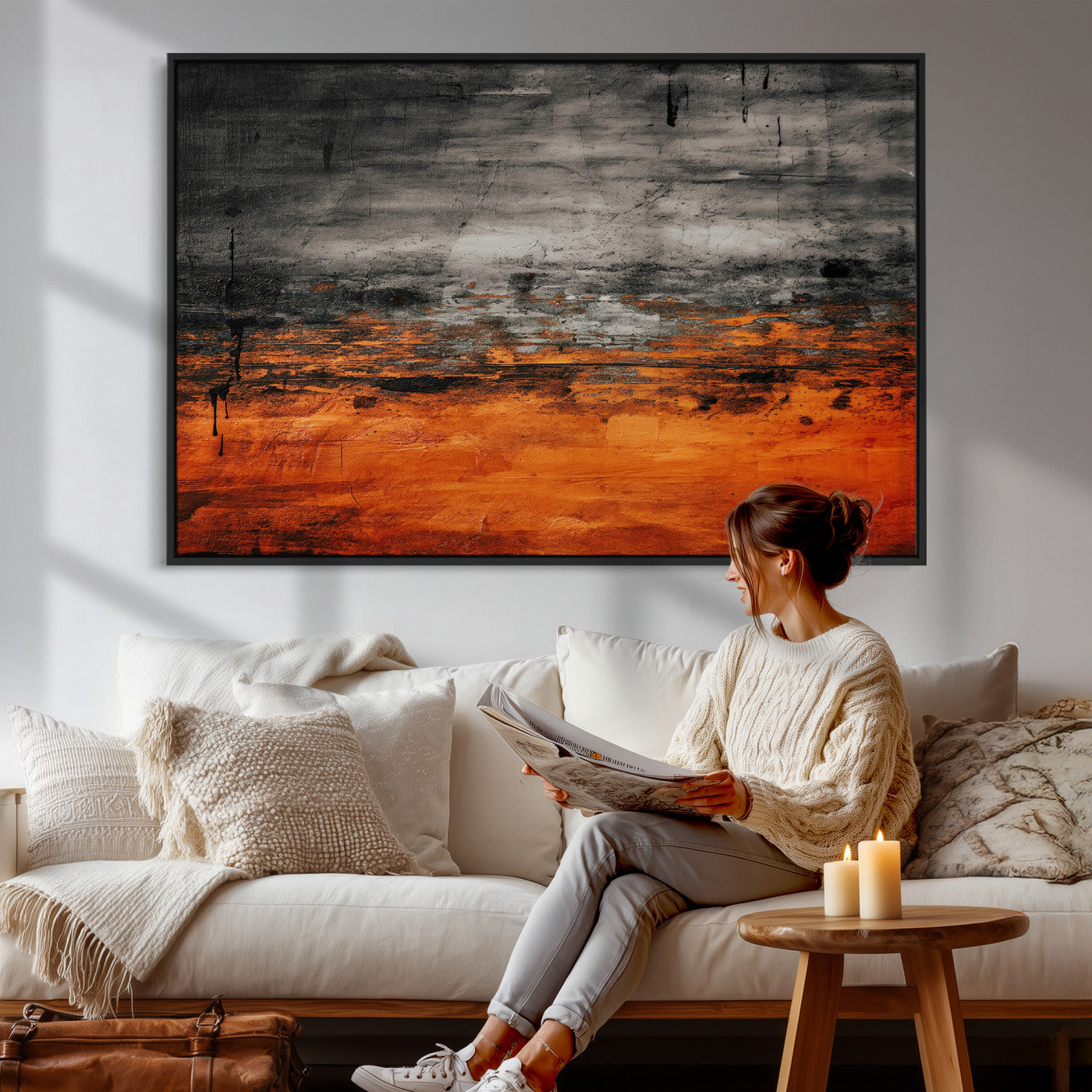 75409282-MGV-CV-36X24 - Black Orange Abstract Wall Art Canvas Print Modern Textured Painting Decor