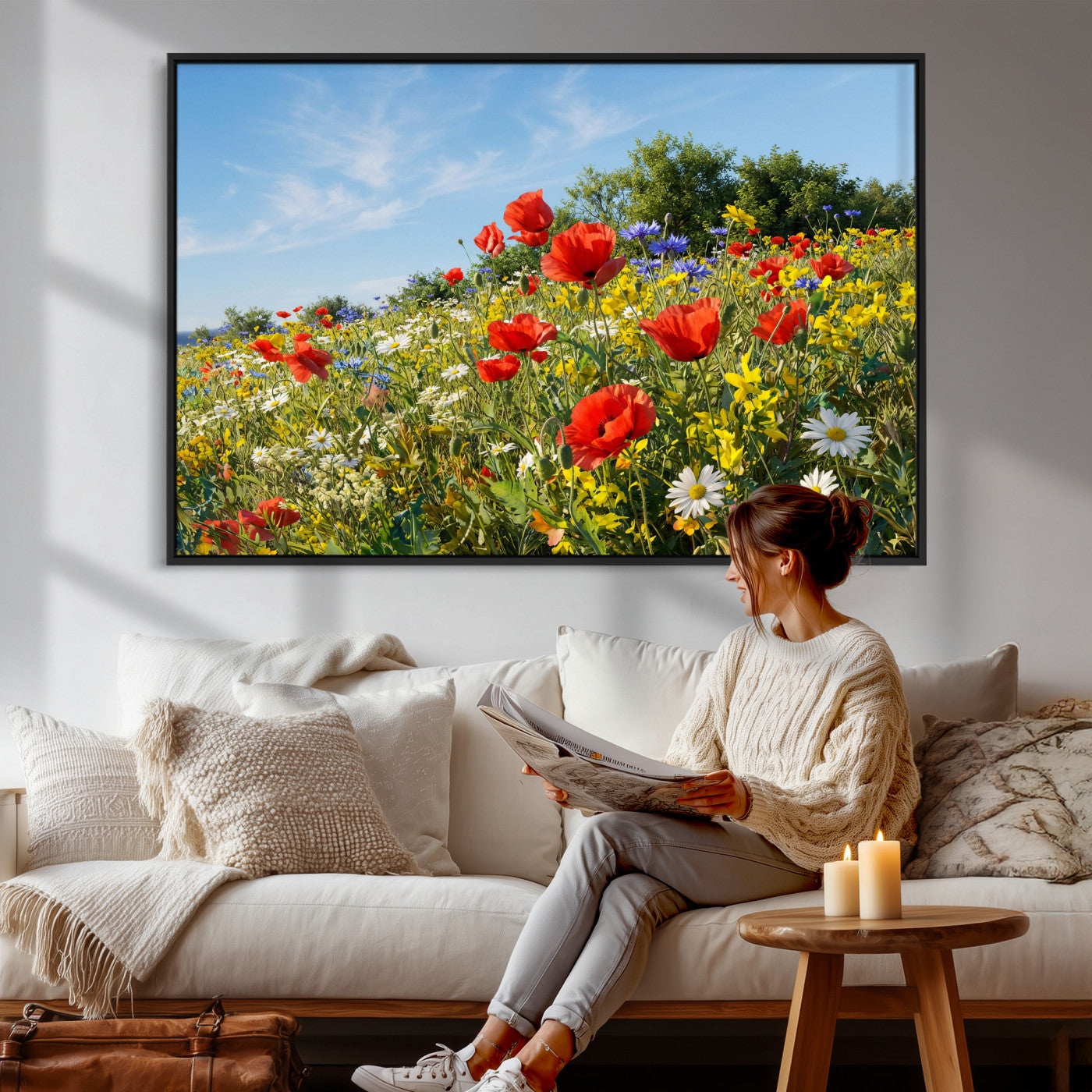 38570784-MGV-CV-36X24 - Wildflower Meadow Wall Art Canvas Print – Colorful Poppy and Daisy Field Landscape Artwork for Living Room Decor