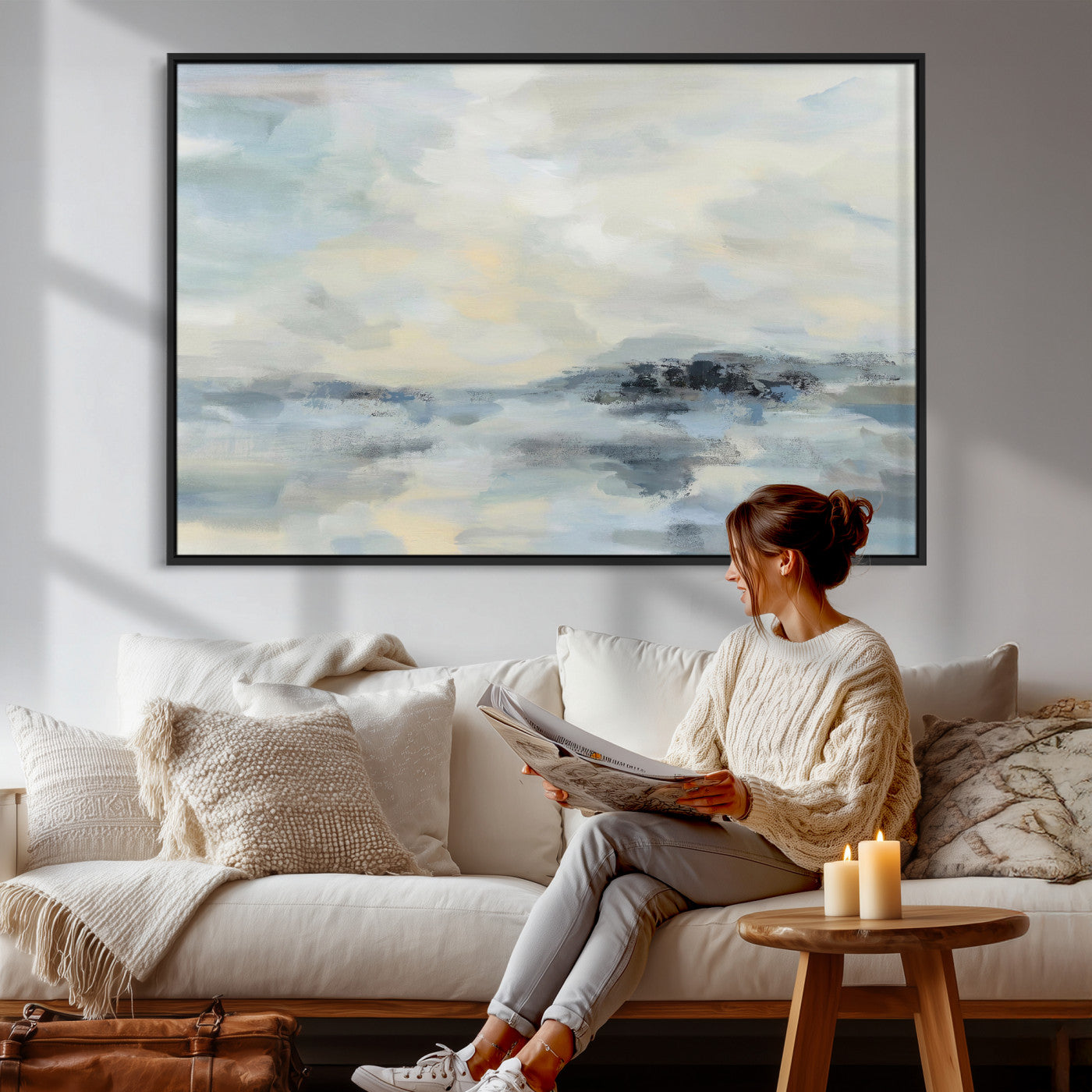 24647355-MGV-CV-36X24 - Abstract Coastal Landscape Wall Art Canvas Print – Soft Blue Gray Minimalist Painting