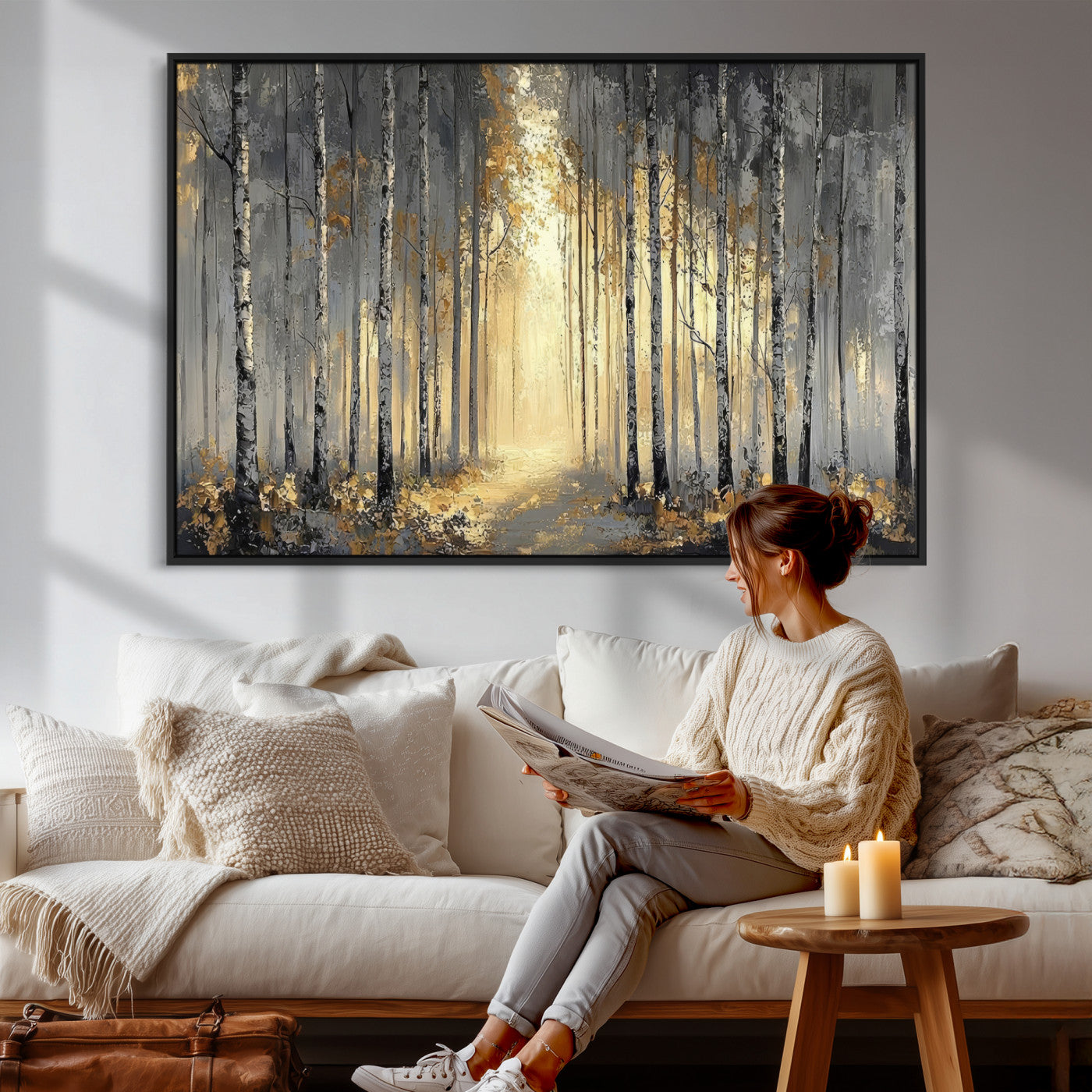 41017042-MGV-CV-36X24 - Abstract Birch Forest Wall Art Canvas Print – Modern Neutral Woodland Landscape Artwork for Living Room Decor