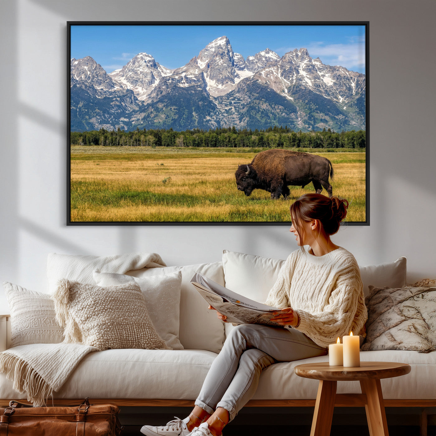 20424529-MGV-CV-36X24 - Bison in Mountain Landscape Wall Art Canvas Print – Western Wildlife Artwork for Rustic Living Room Decor