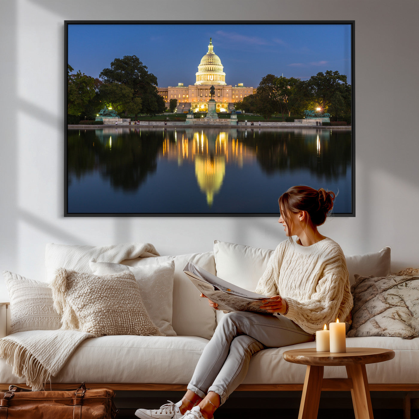 95568590-MGV-CV-36X24 - US Capitol Building Wall Art Canvas Print – Washington DC Landmark Night Reflection Artwork for Office Decor
