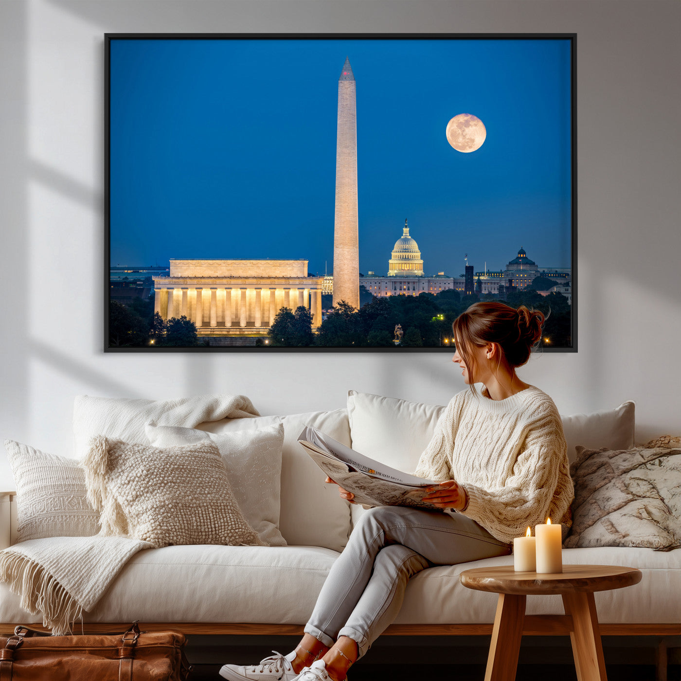 96712946-MGV-CV-36X24 - Washington DC Skyline Wall Art Canvas Print – Lincoln Memorial, Washington Monument and US Capitol Night Cityscape Artwork