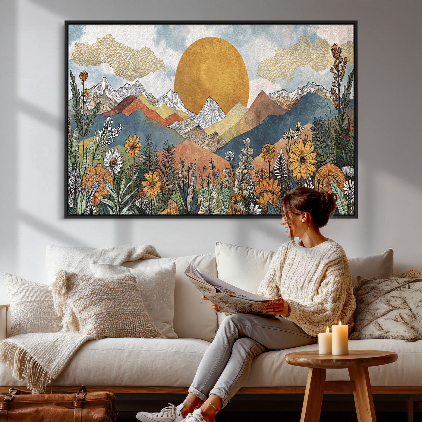 17540863-MGV-CV-36X24 - Boho Mountain Landscape Large Wall Art, Horizontal Gold Framed Canvas Print with Sun and Flowers
