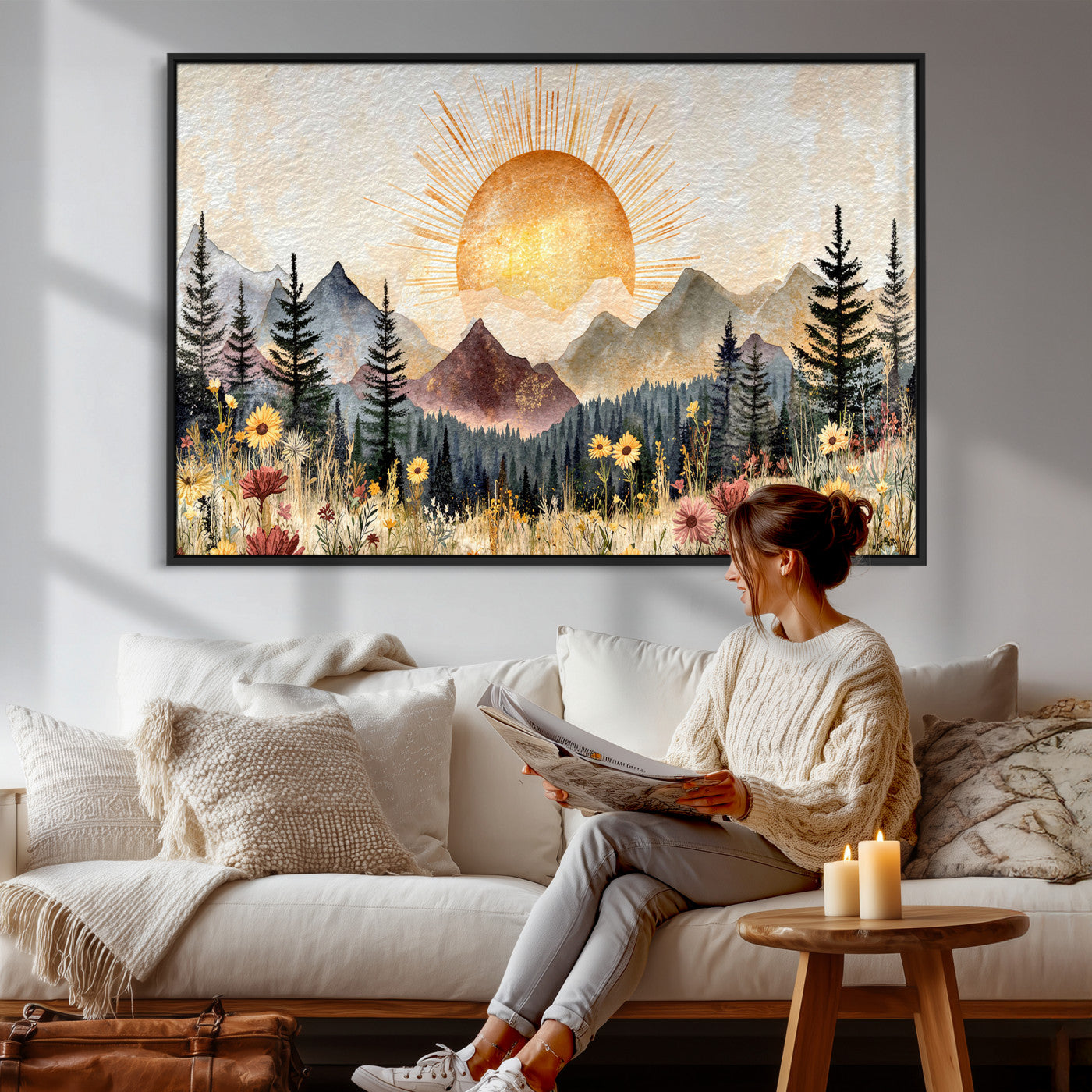 69025244-MGV-CV-36X24 - Boho Mountain Landscape Large Wall Art, Horizontal Gold Framed Canvas Print with Sun and Flowers