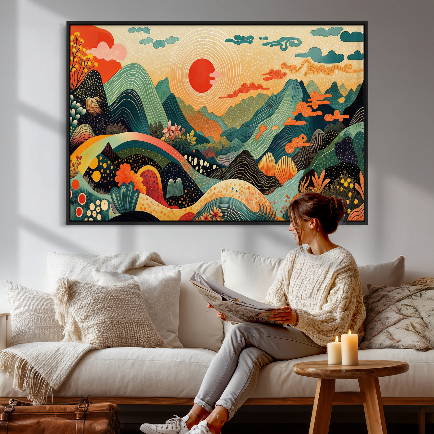 29927191-MGV-CV-36X24 - Yayoi Kusama Boho Mountain Landscape Large Wall Art, Horizontal Gold Framed Canvas Print with Sun and Flowers