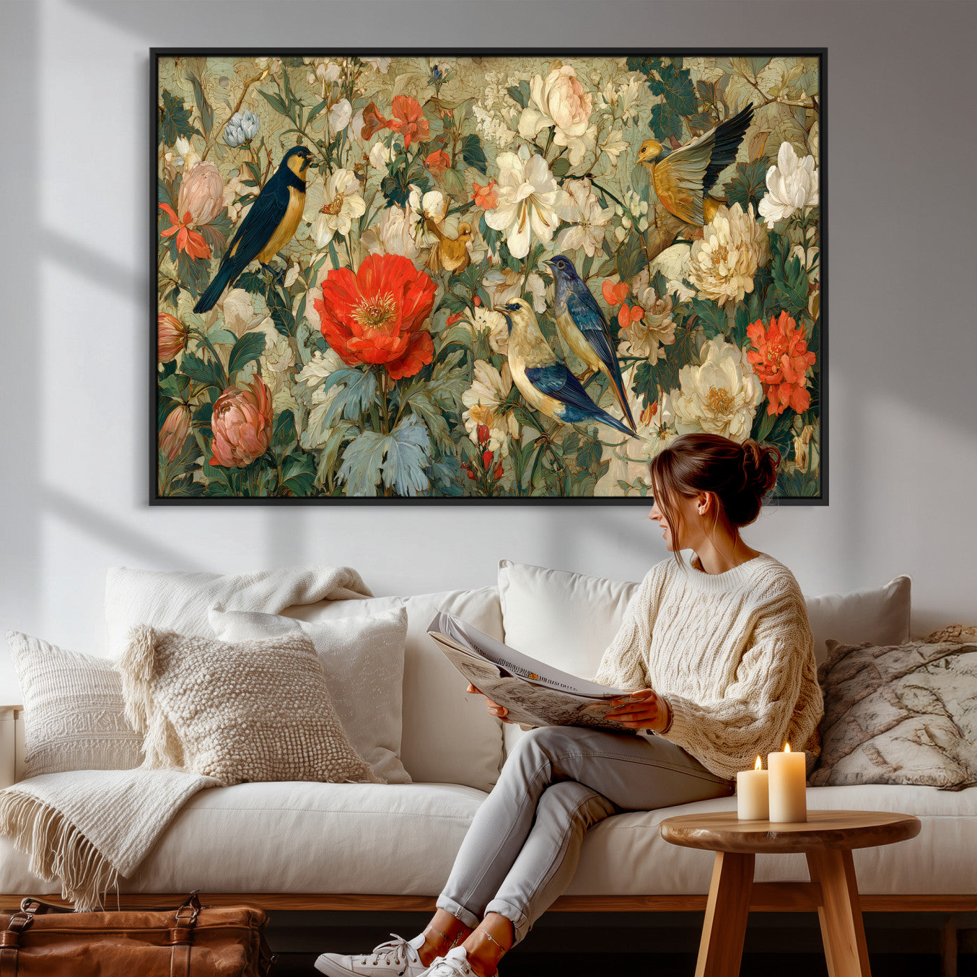 52904757-MGV-CV-36X24 - Vintage Birds and Flowers Wall Art Canvas Print, Botanical Bird Painting Canvas Print, Floral Garden Bird Artwork Canvas Print, Classic Bird Flower Painting Canvas Print