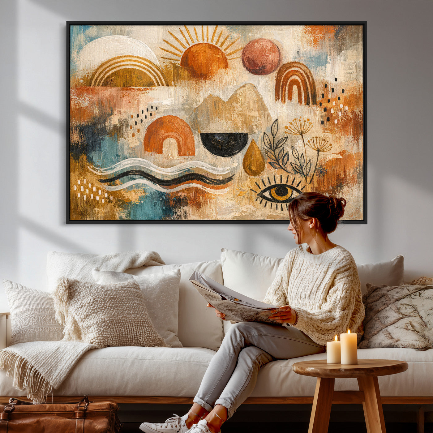 52155239-MGV-CV-36X24 - Geometric Boho Abstract Wall Art Canvas Print, Orange Blue Abstract Expressionist Painting Print, Modern Geometric Abstract Canvas Art