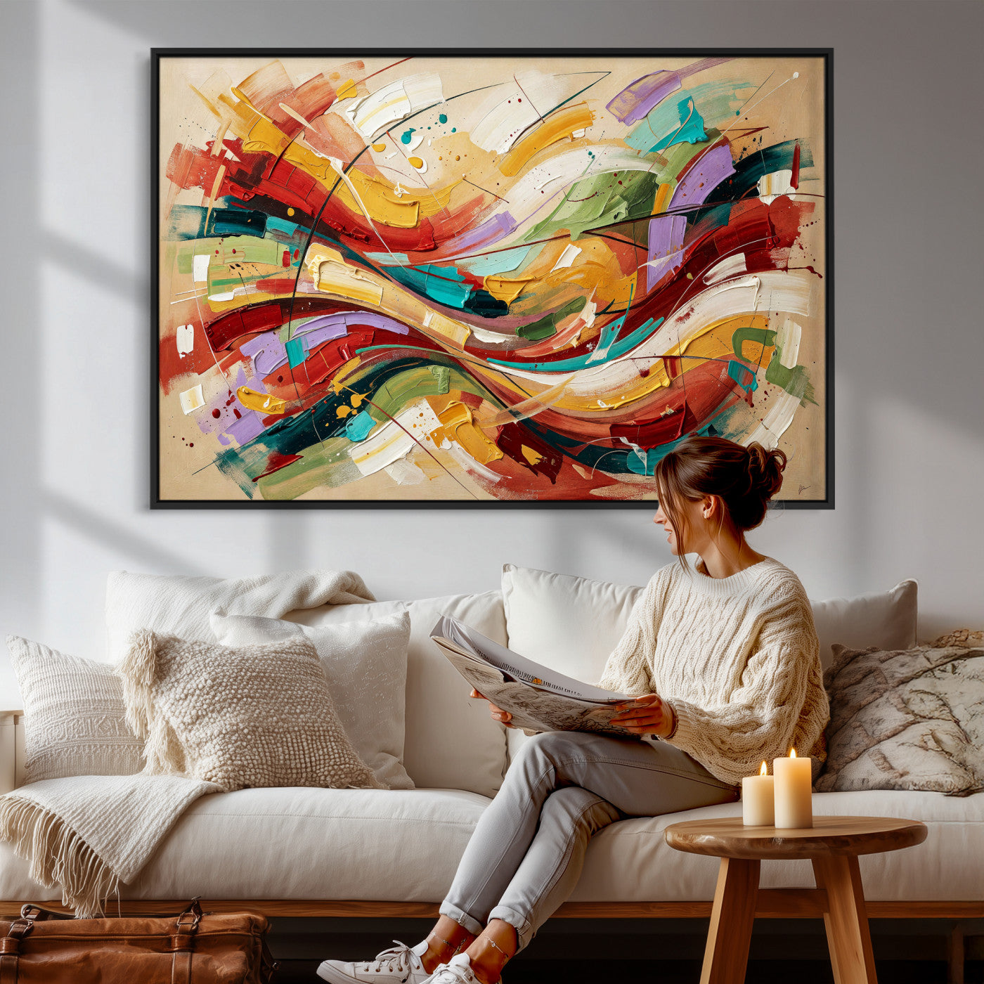 39887645-MGV-CV-36X24 - Geometric Abstract Wall Art Canvas Print, Orange Blue Abstract Expressionist Painting Print, Modern Geometric Abstract Canvas Art