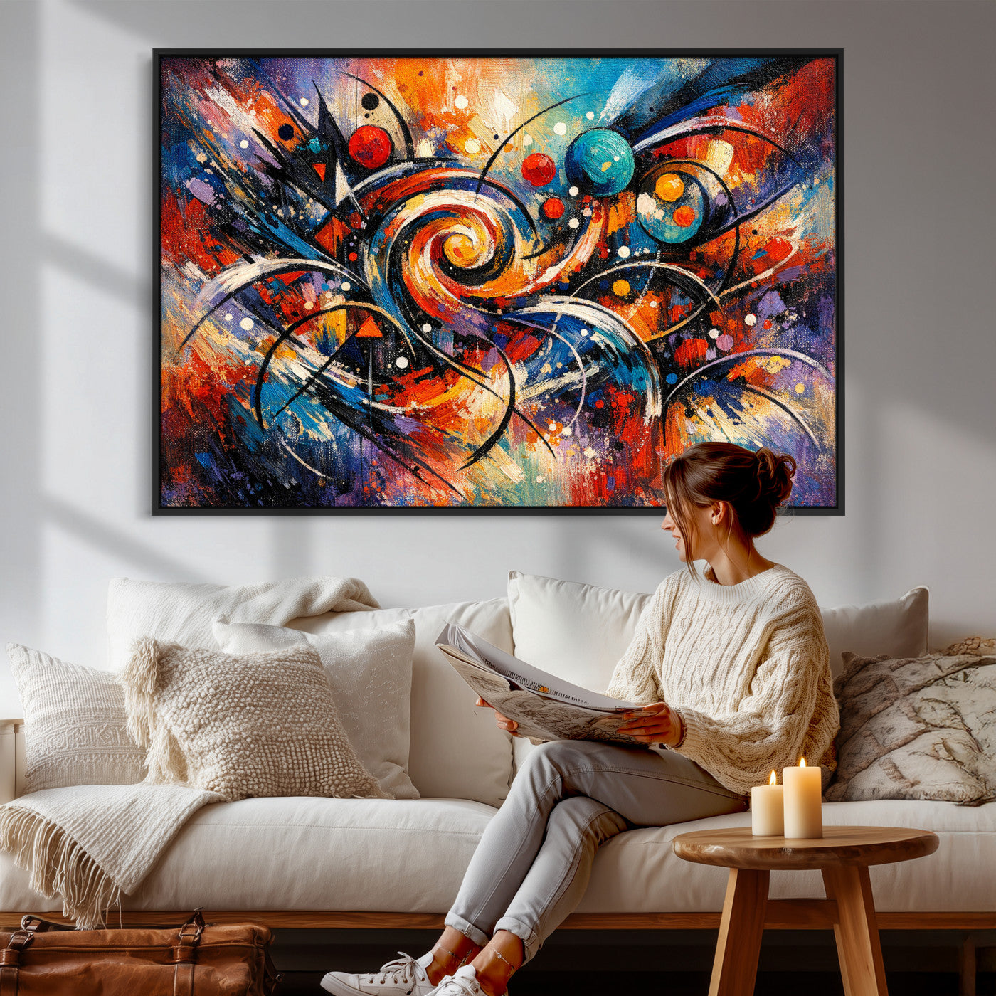 60193267-MGV-CV-36X24 - Geometric Abstract Wall Art Canvas Print, Orange Blue Abstract Expressionist Painting Print, Modern Geometric Abstract Canvas Art