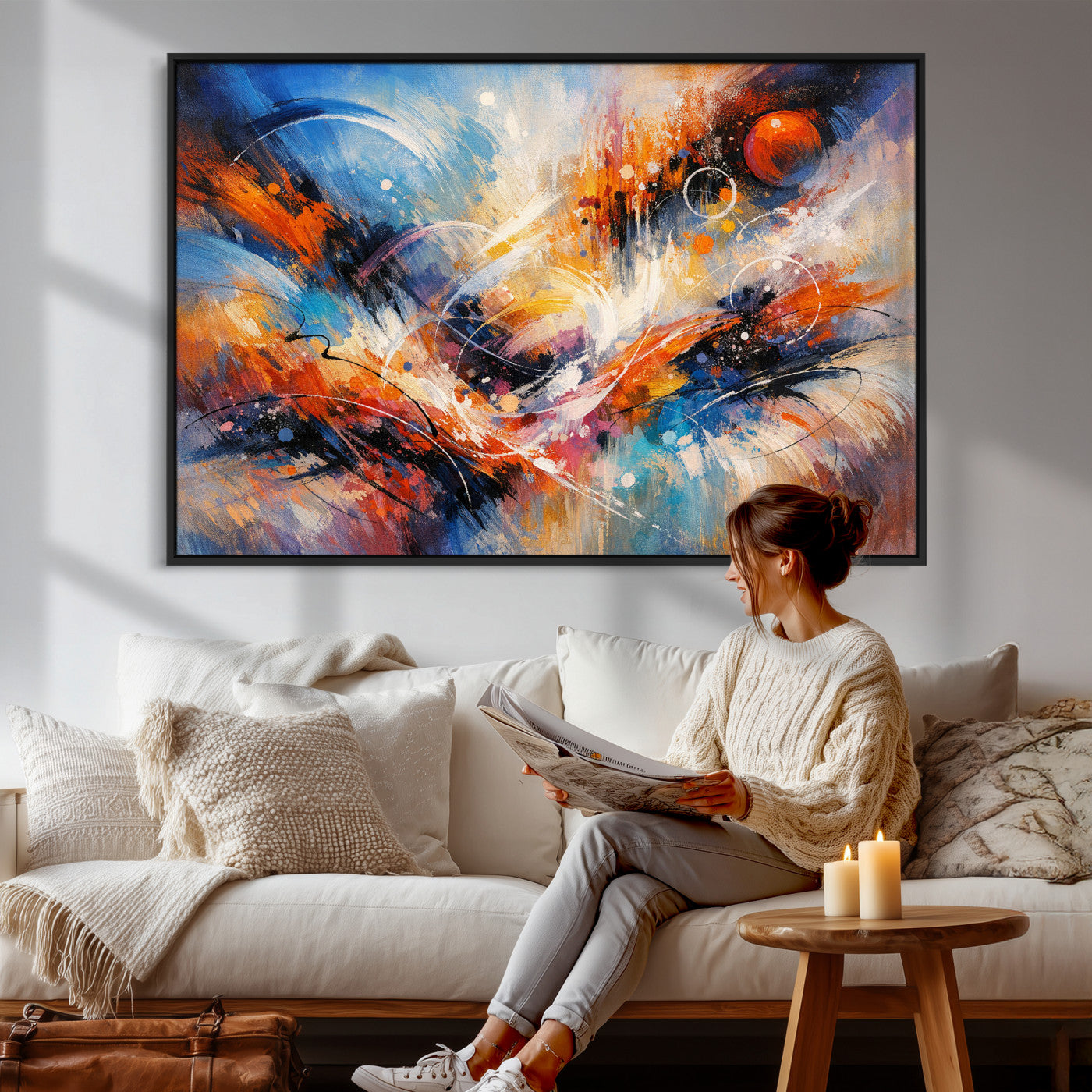 47770355-MGV-CV-36X24 - Geometric Abstract Wall Art Canvas Print, Orange Blue Abstract Expressionist Painting Print, Modern Geometric Abstract Canvas Art