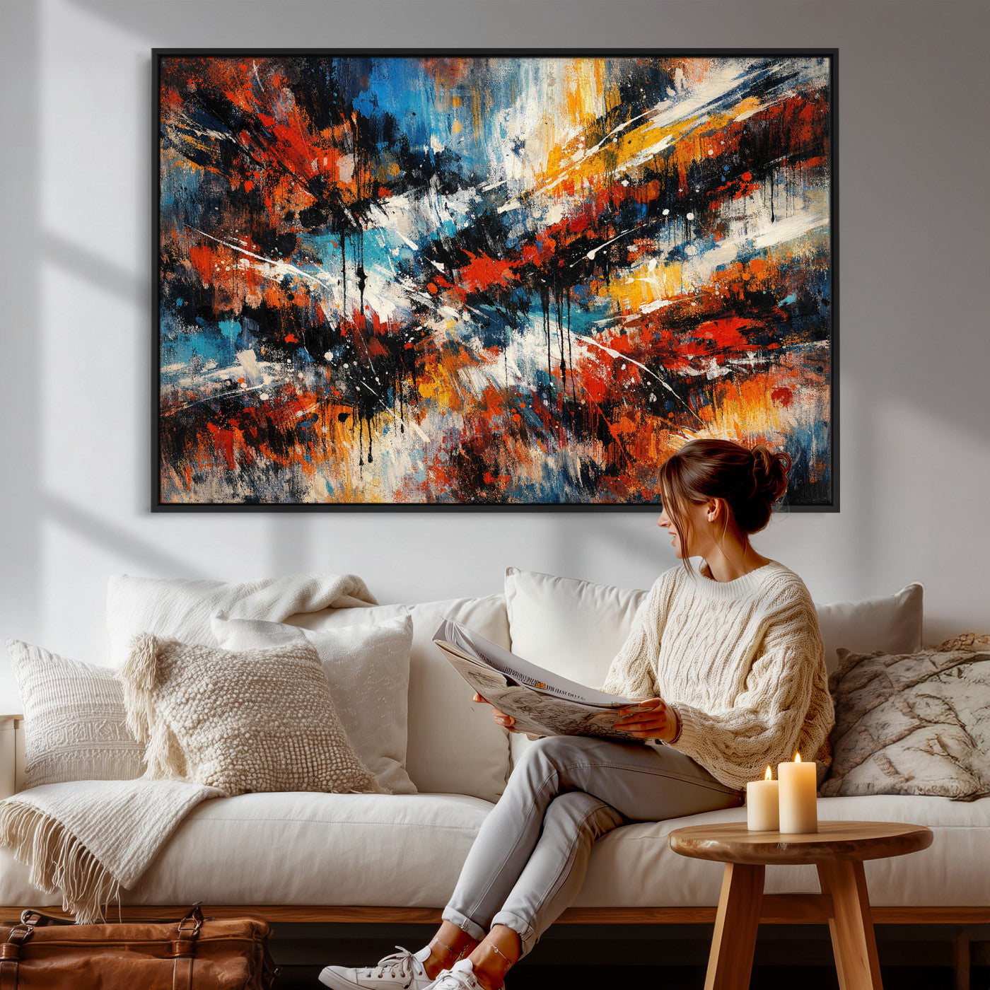 80276069-MGV-CV-36X24 - Geometric Abstract Wall Art Canvas Print, Orange Blue Abstract Expressionist Painting Print, Modern Geometric Abstract Canvas Art