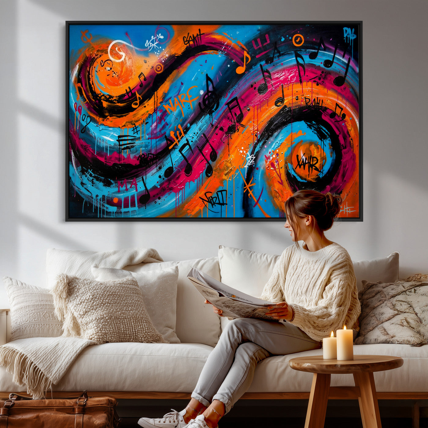 34936518-MGV-CV-36X24 - Geometric Abstract Wall Art Canvas Print, Orange Blue Abstract Expressionist Painting Print, Modern Geometric Abstract Canvas Art