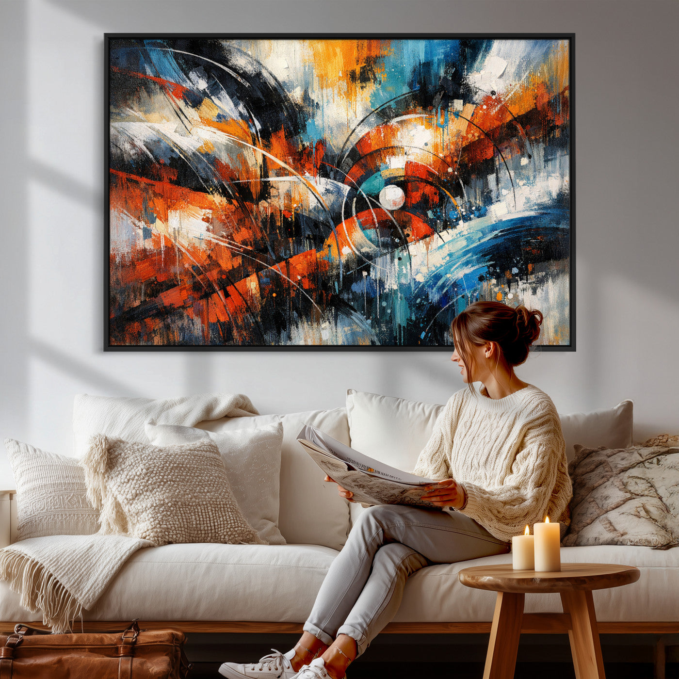 47120691-MGV-CV-36X24 - Geometric Abstract Wall Art Canvas Print, Orange Blue Abstract Expressionist Painting Print, Modern Geometric Abstract Canvas Art