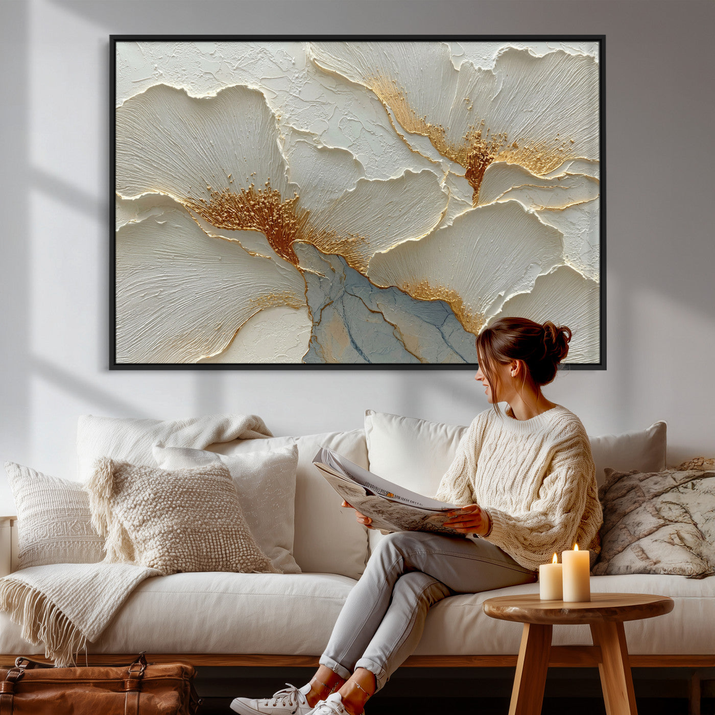 4712069F1-MGV-CV-36X24 - White Gold Floral Canvas Wall Art — Textured Flower Print | Luxury Botanical Decor | Elegant Bedroom Art | Gold Leaf Wall Art Gift