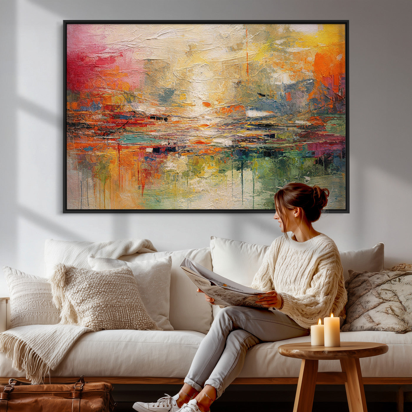 4712069P1-MGV-CV-36X24 - Colorful Abstract Canvas Wall Art — Large Textured Oil Painting Style Print | Orange Red Boho Wall Decor | Modern Living Room Art | Bold Wall Art