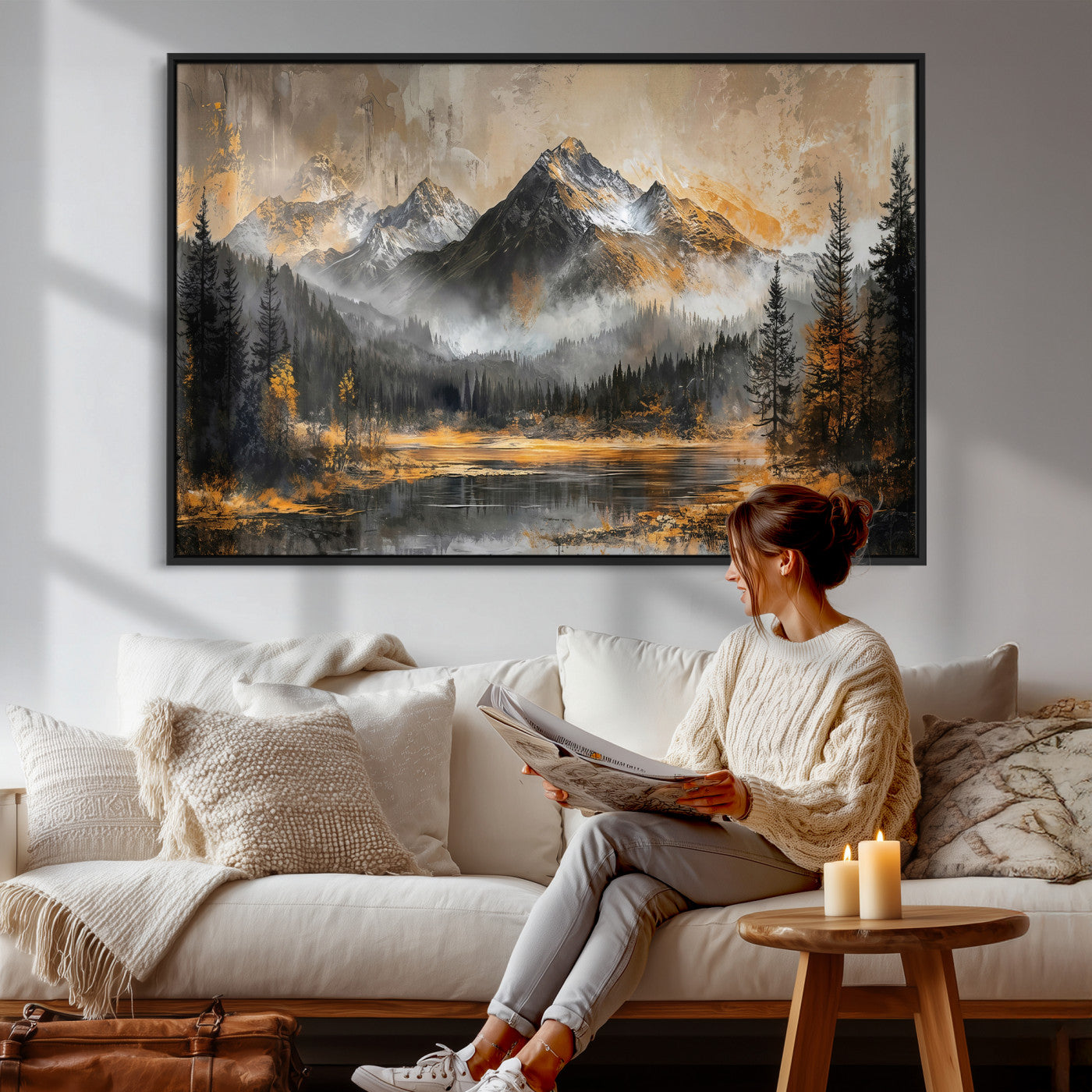 4712069D1-MGV-CV-36X24 - Mountain Lake Canvas Wall Art — Rustic Forest Landscape Print | Gold Grey Nature Decor | Cabin Wall Art | Large Wilderness Art Print Gift