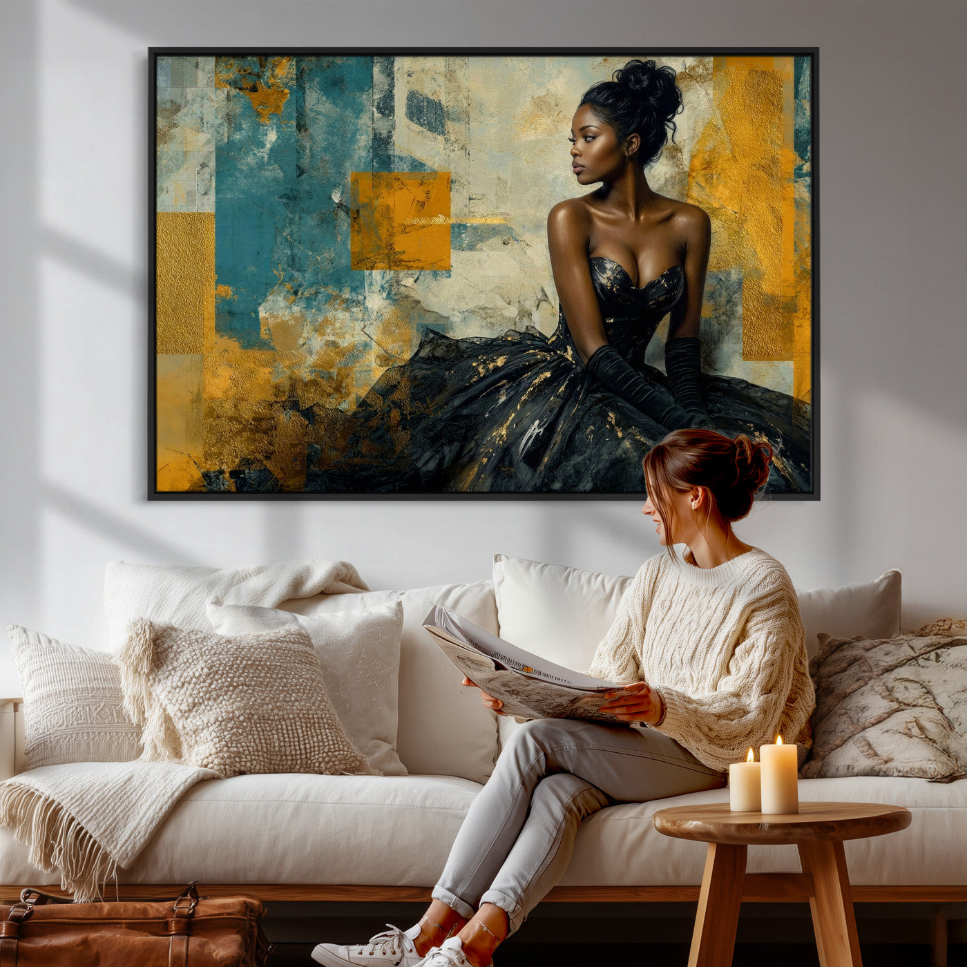 4712069Z21-MGV-CV-36X24 - Elegant Woman Canvas Wall Art — Black Gold Gown Fashion Print | Luxury Glam Wall Decor | African American Art | Bold Bedroom Wall Art Gift