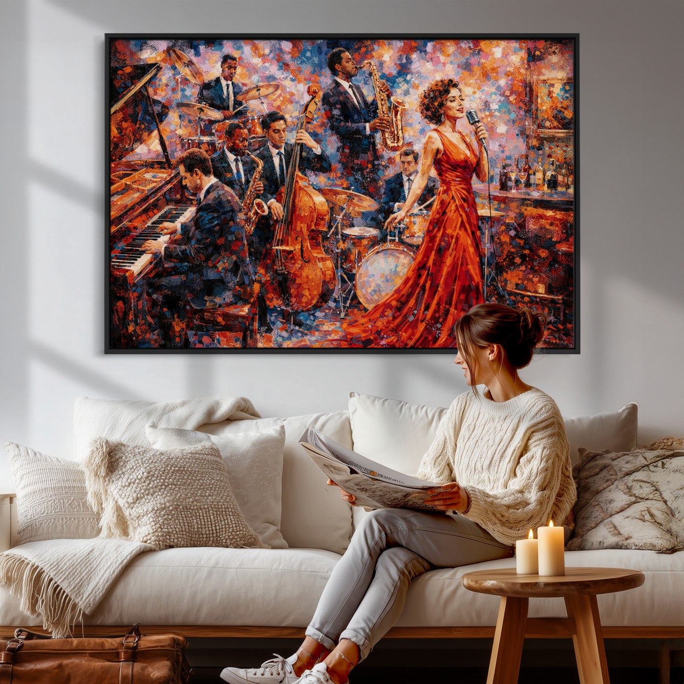 620930SF20-MGV-CV-36X24 - Jazz Band Canvas Wall Art — Jazz Club Singer Saxophone Print | Music Wall Decor | Bar Restaurant Art | Music Lover Gift | Jazz Home Decor