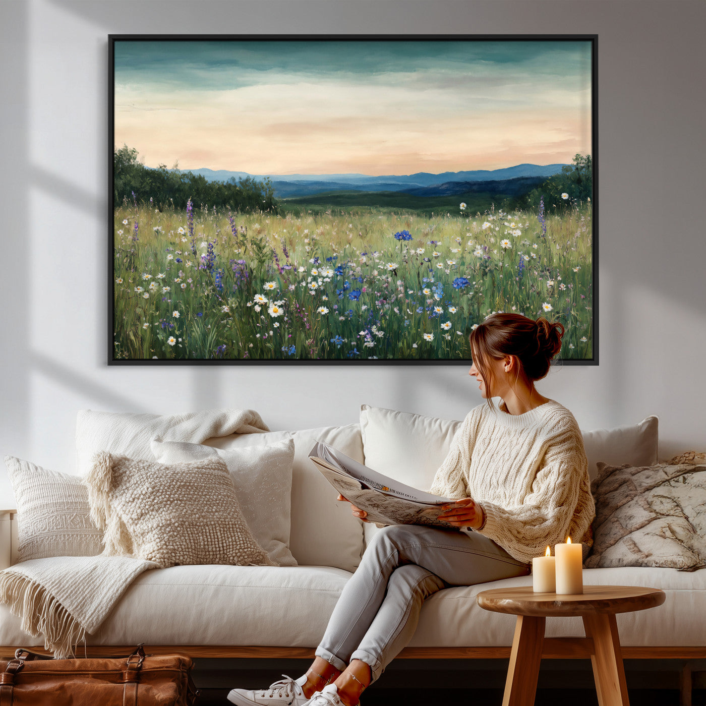 35773805-MGV-CV-36X24 - Wildflower Meadow Oil Painting Canvas Print - Daisy Lavender Mountain Sunset Print | Cottagecore Floral Wall Art - Bedroom Decor Gift for Her