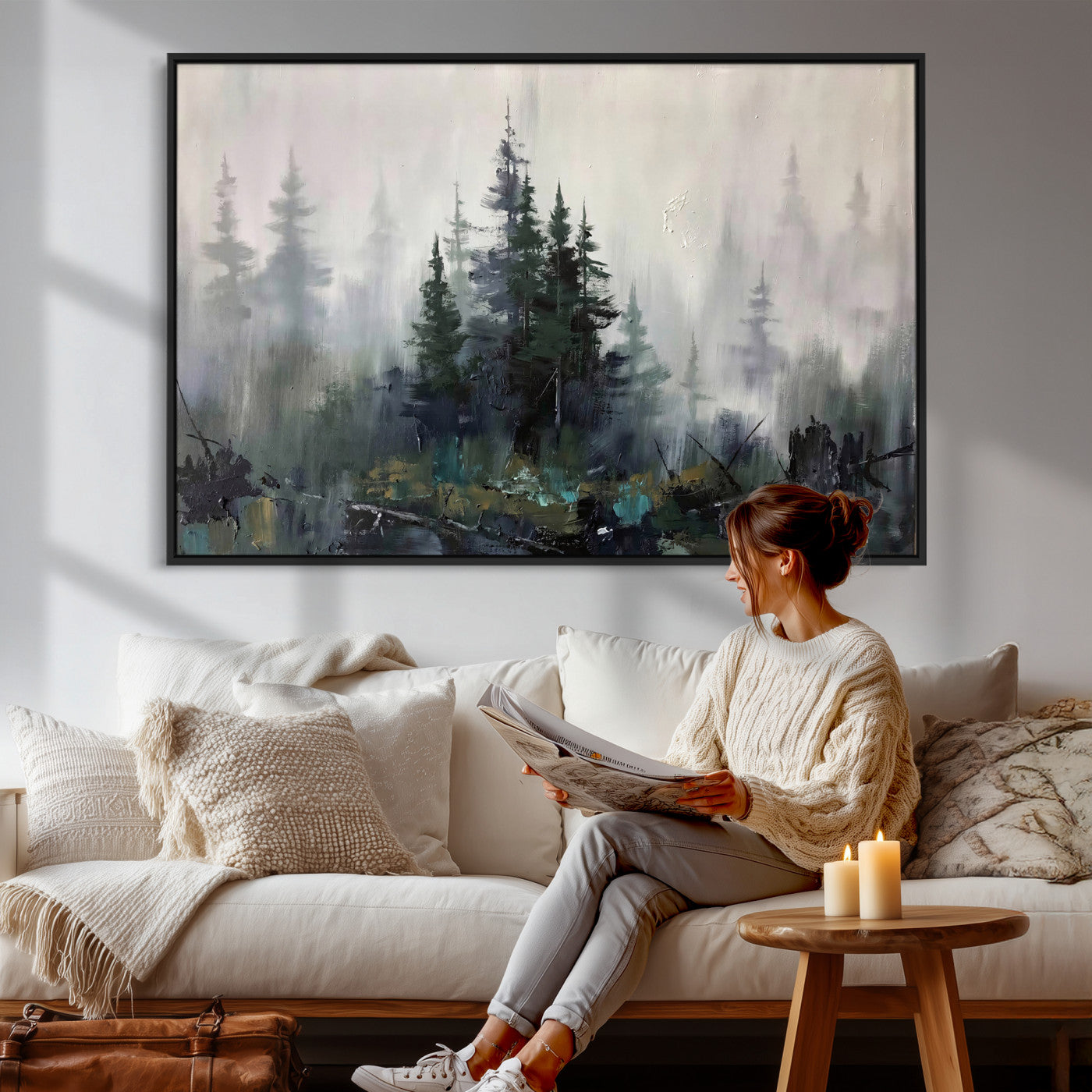 94143325-MGV-CV-36X24 - Misty Pine Forest Oil Painting Canvas — Dark Moody Teal Grey Tree Print | Japandi Scandinavian Wall Art | Minimalist Nature Decor Gift