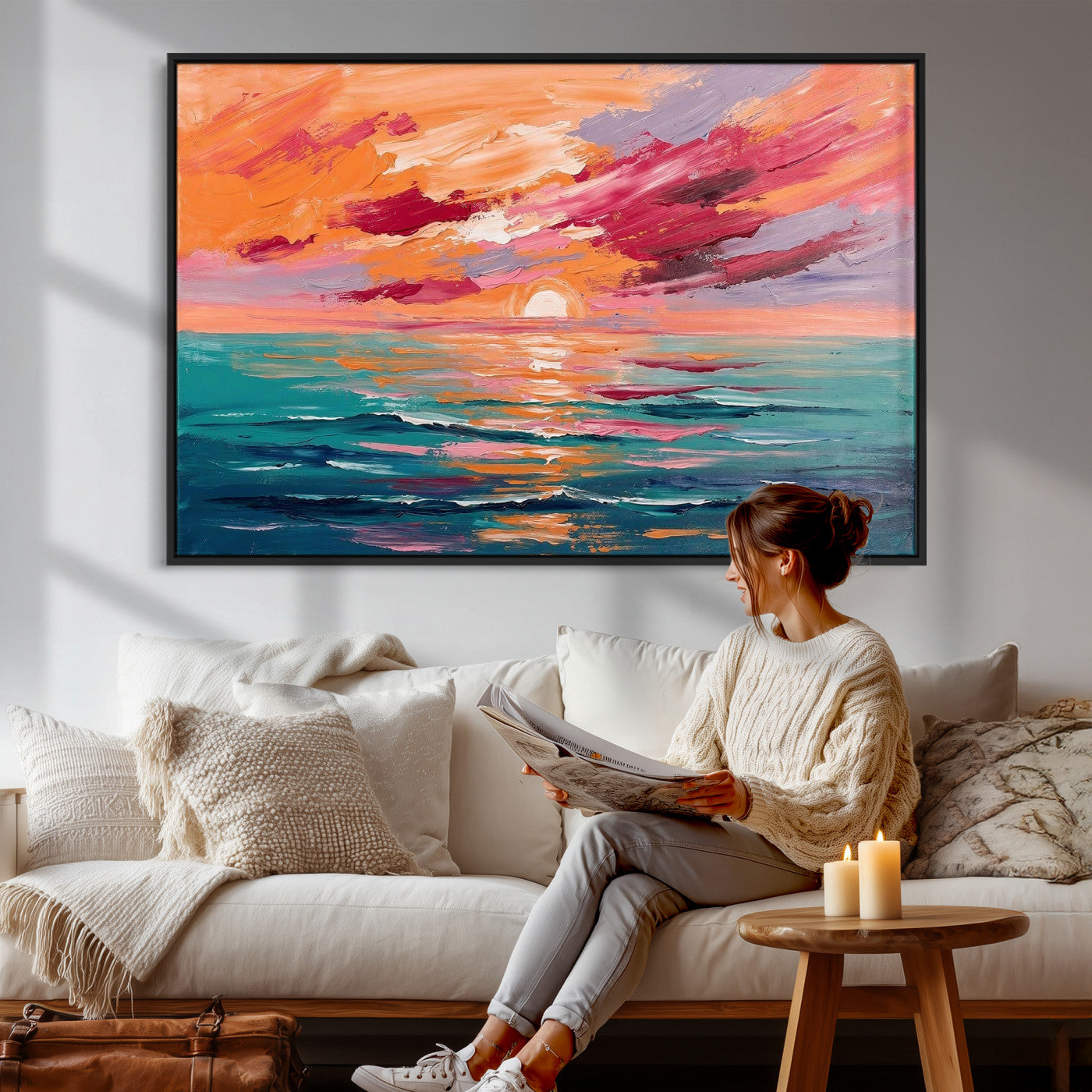 26763902-MGV-CV-36X24 - Bold Palette Knife Ocean Sunset Canvas — Orange Pink Teal Expressionist Sea Print | Colorful Coastal Wall Art | Vibrant Beach Decor Gift