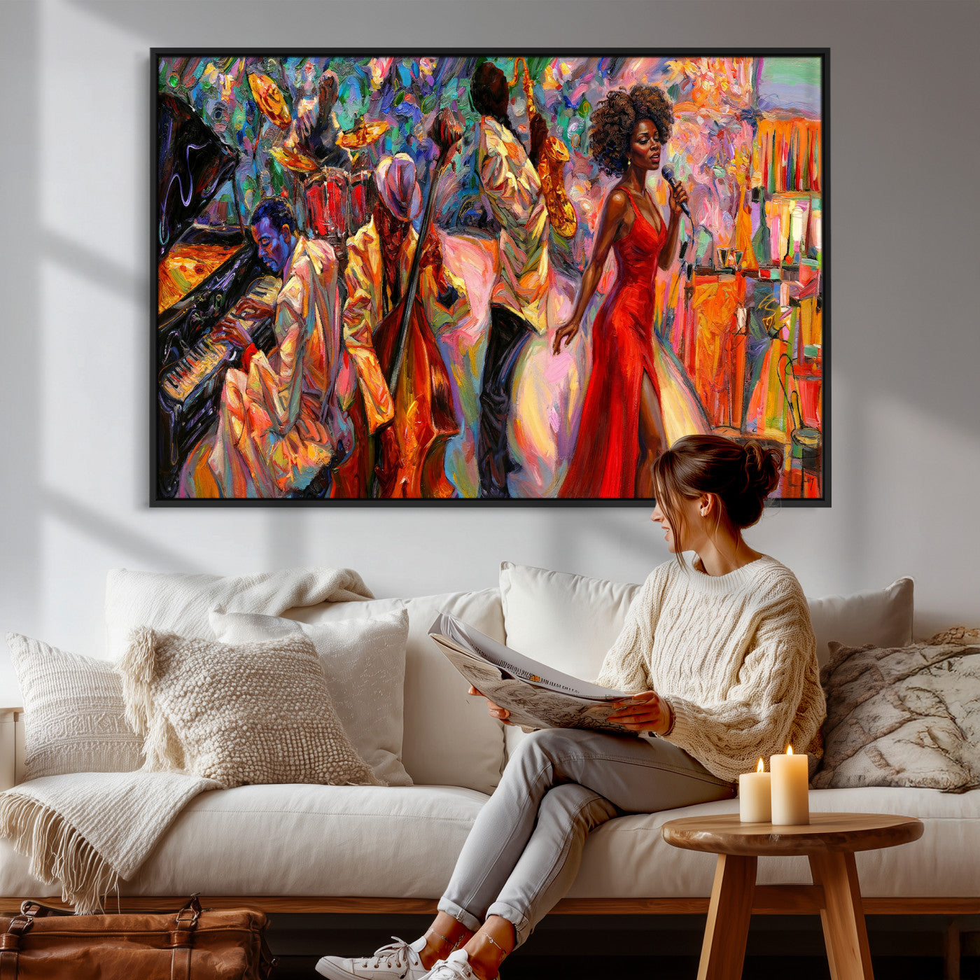 72615137-MGV-CV-36X24 - African American Jazz Singer Canvas Art - Red Dress Black Woman Music Print | Colorful Jazz Band Wall Decor | Living Room Gift for Her