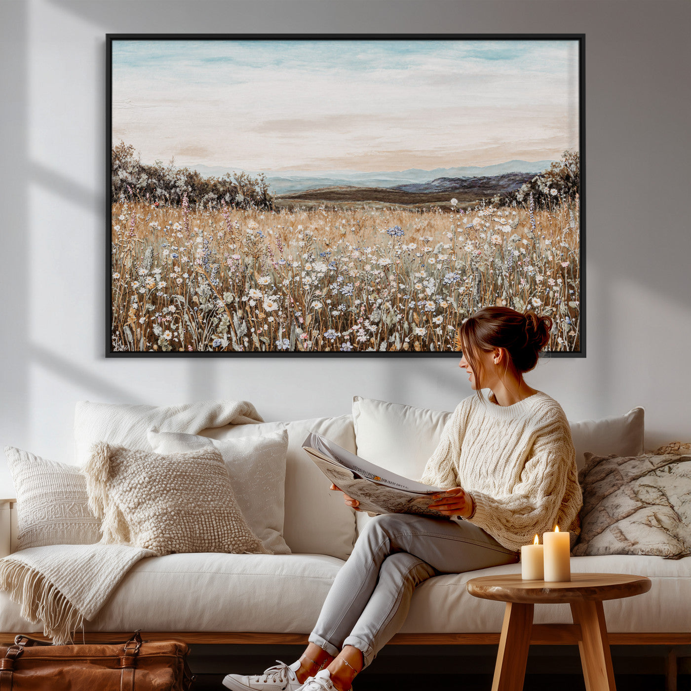 F35773805-MGV-CV-36X24 - Neutral Wildflower Field Canvas Wall Art — Beige Earth Tone Botanical Meadow Print | Farmhouse Boho Decor | Bedroom Living Room Gift Her