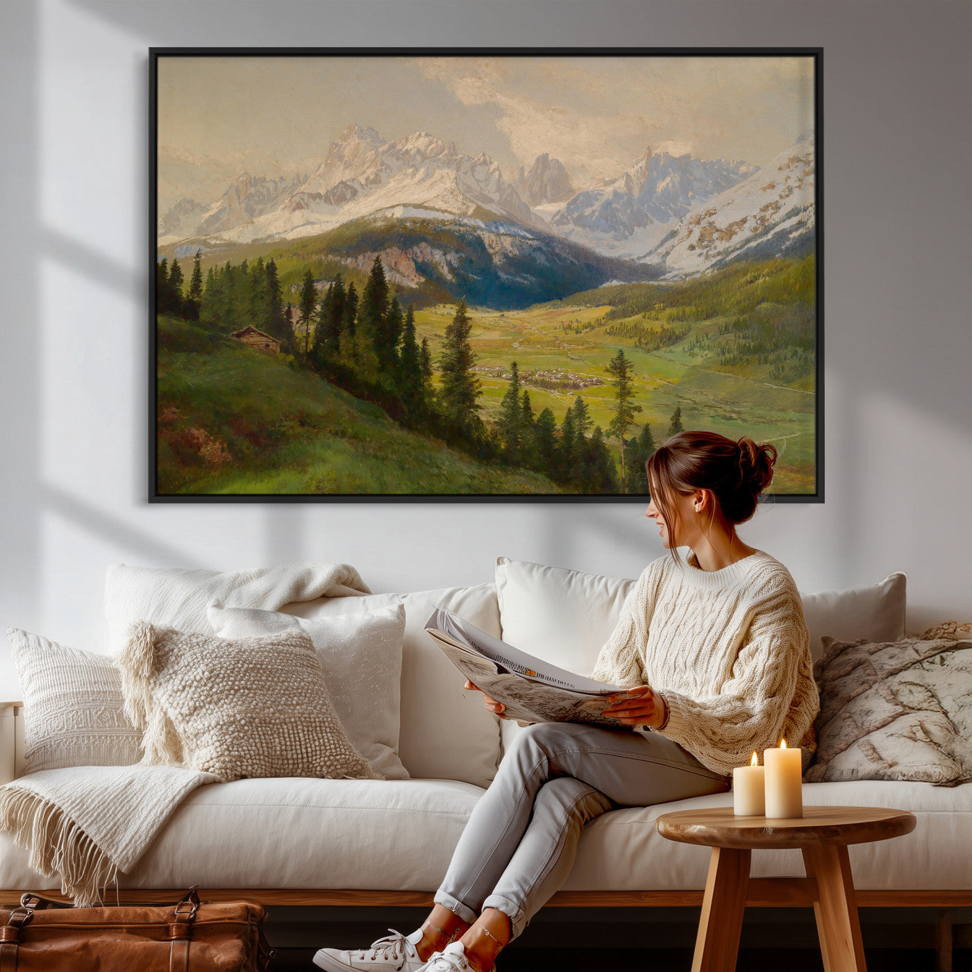 23120262-MGV-CV-36X24 - Konrad Petrides Sexten Village Canvas Print, Alpine Mountain Valley Painting, Dolomites Landscape Art