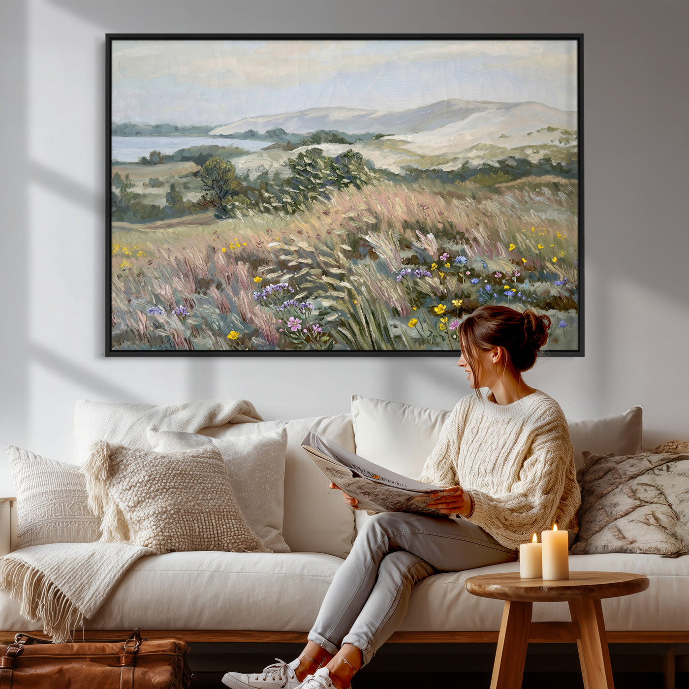 18013232-MGV-CV-36X24 - Katie Staples Hillside Canvas Wall Art — Coastal Wildflower Dune Oil Painting Print | Muted Green Nature Decor | Plein Air Landscape Gift