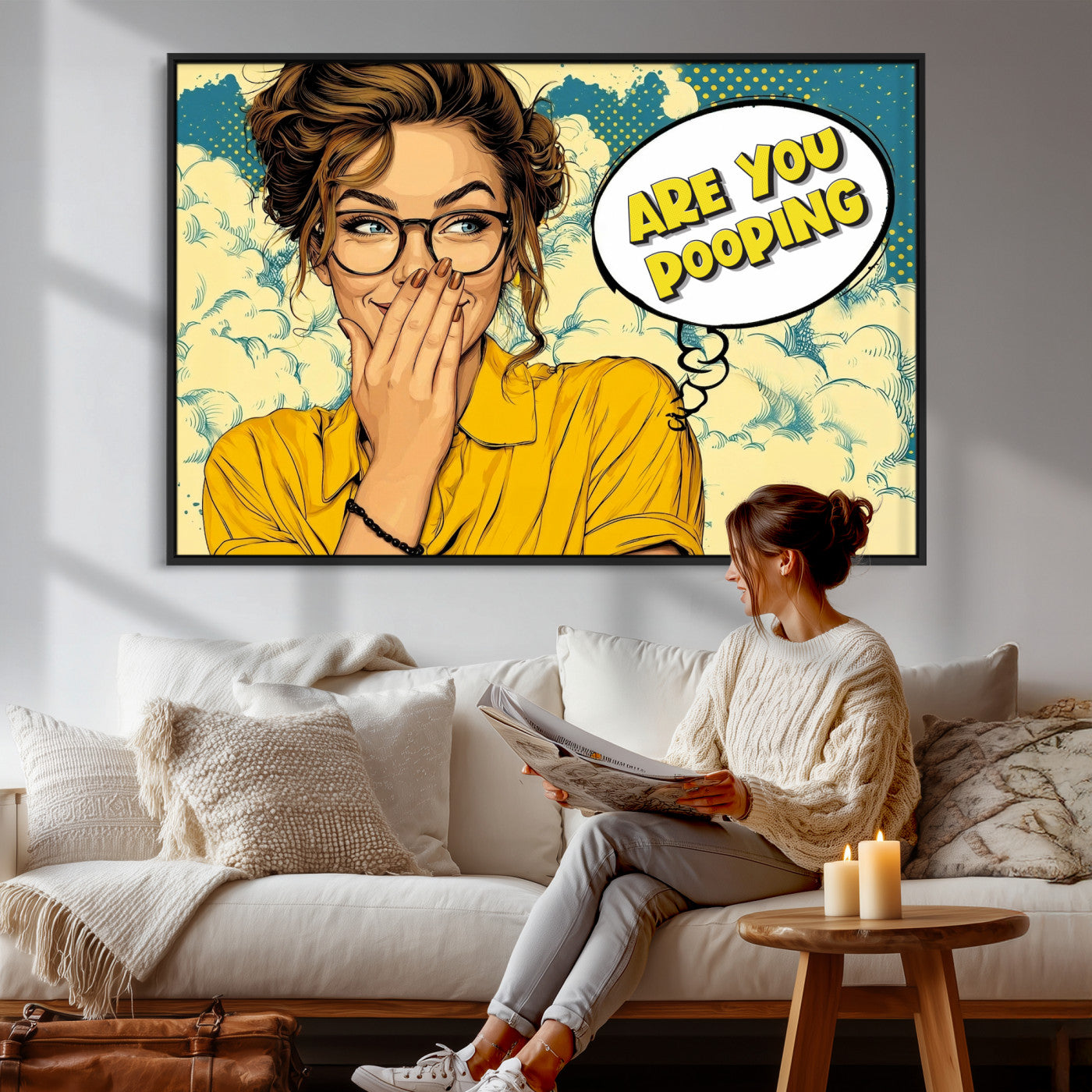 P79156505-MGV-CV-36X24 - Pop Art Print Bathroom Sign Wall Art Canvas Print — Funny Bathroom Canvas | Comic Style Toilet Wall Decor | Humor Gift | Are you Pooping