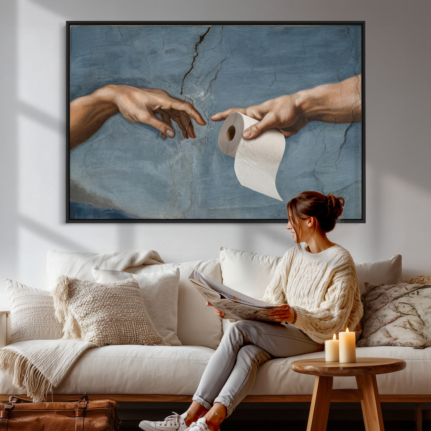 42648143-MGV-CV-36X24 - Funny Bathroom Canvas Wall Art, Michelangelo Creation of Adam Toilet Paper Parody, Renaissance Humor Print, Quirky Housewarming Gift, Toilet Room Decor
