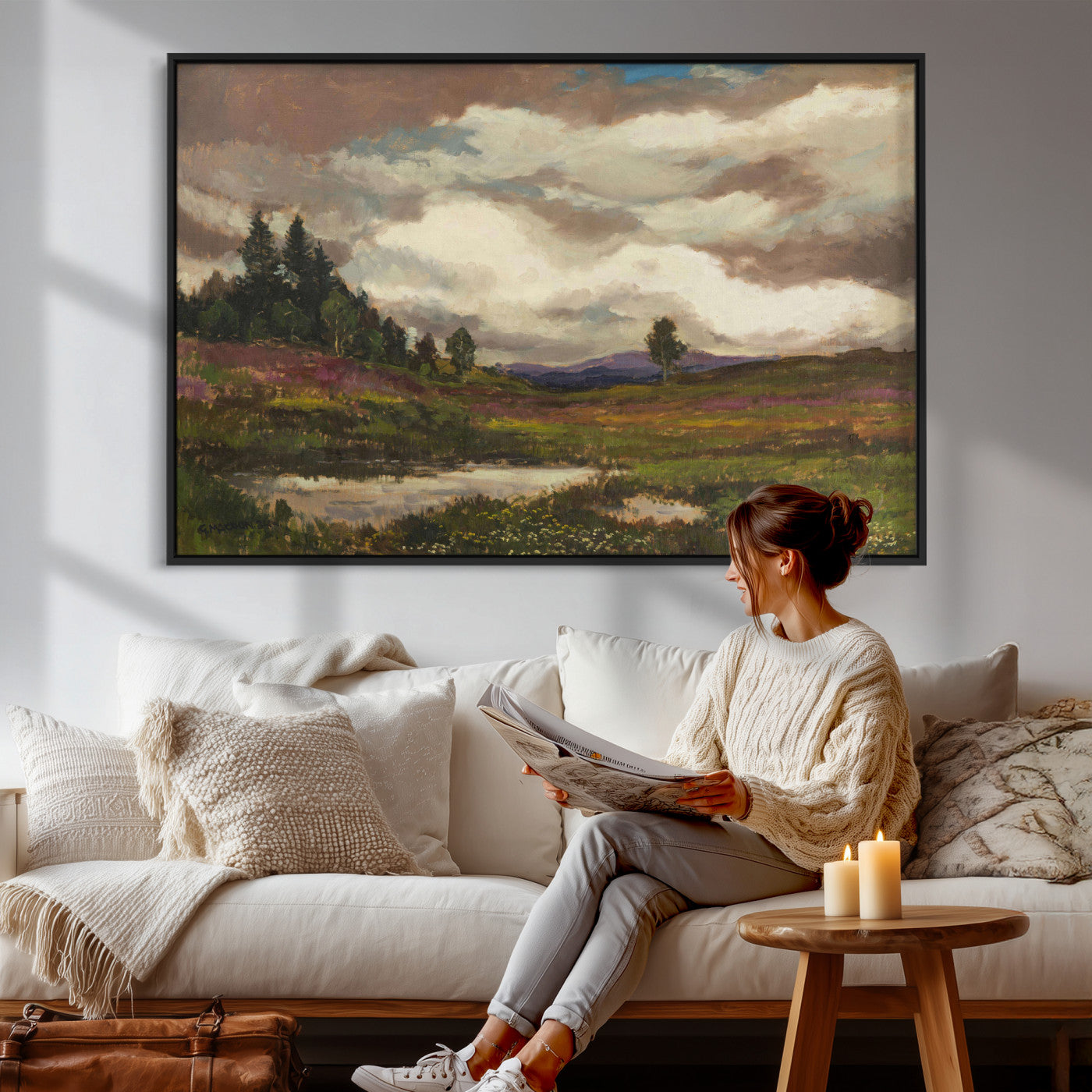 96795851-MGV-CV-36X24 - Gustav Macoun Heathland Canvas Print, Czech Landscape Oil Painting Reproduction, Purple Heather Moorland Art, Vintage European Nature Decor