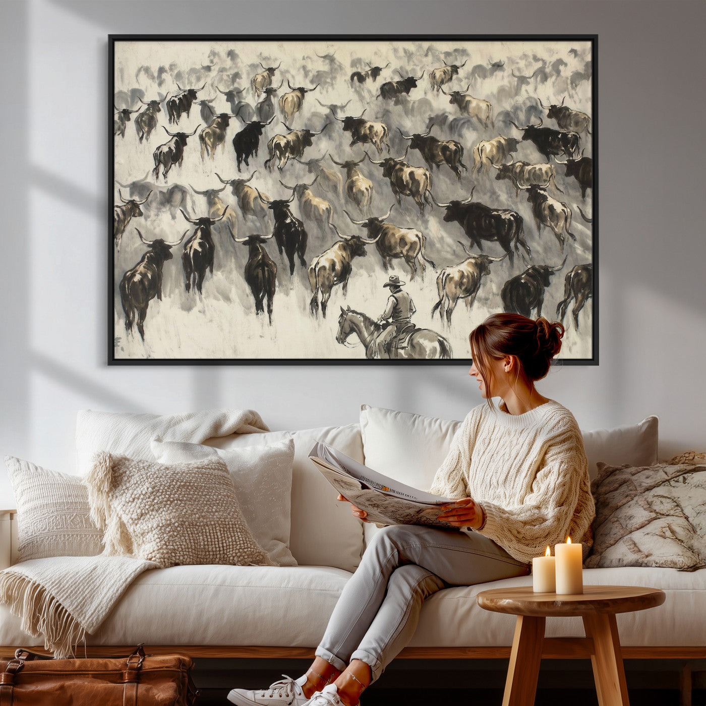 48049876-MGV-CV-36X24 - Cowboy Cattle Drive Canvas Wall Art, Western Longhorn Herd Ink Painting Print, Ranch Rodeo Decor, Black White Western Art, Large Living Room Art