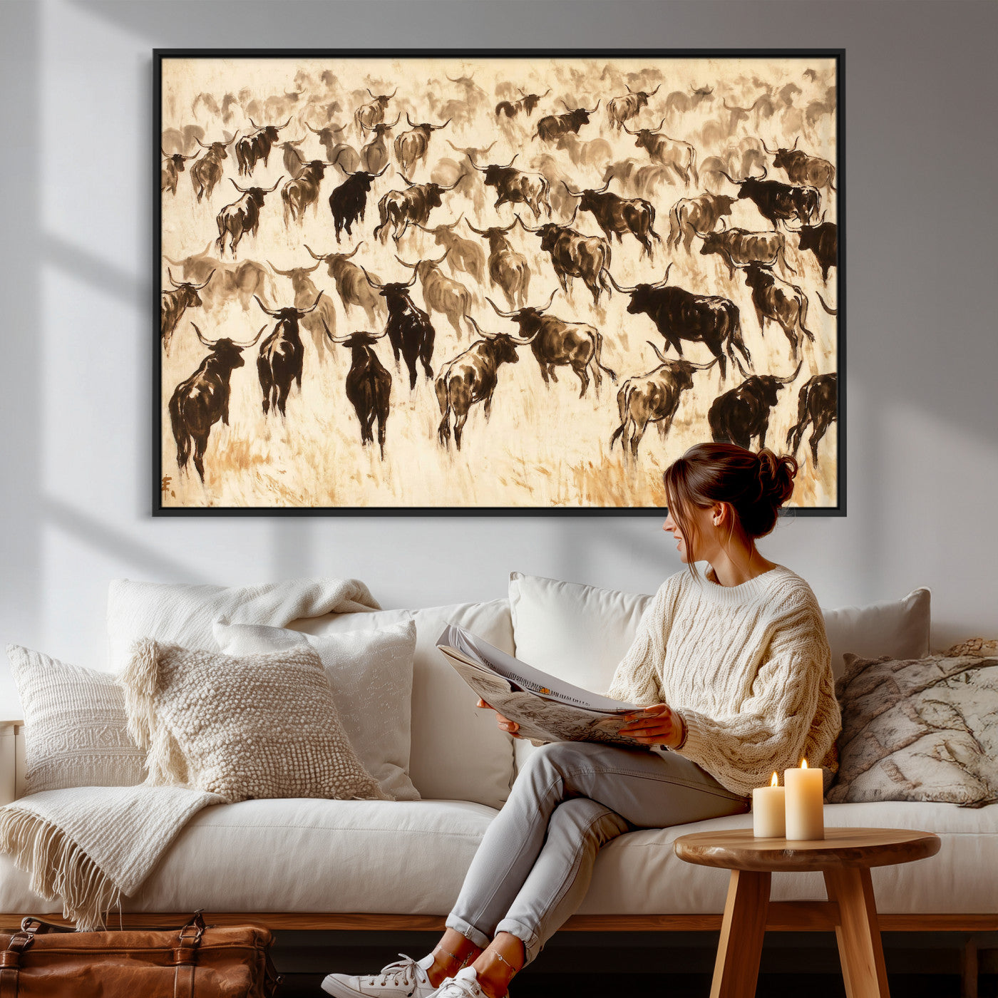 39077774-MGV-CV-36X24 - Texas Longhorn Sepia Canvas Wall Art, Western Cattle Stampede Painting Print, Warm Amber Ranch Decor, Rustic Cowboy Home Art, Large Living Room Decor