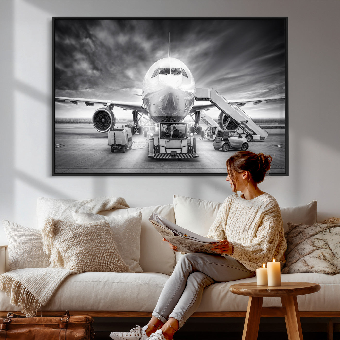 85885848-MGV-CV-36X24 - Airplane Wall Art Canvas Print, Black and White Jet Aircraft Airport Runway Framed Aviation Artwork for Pilot Office Hangar Travel Decor