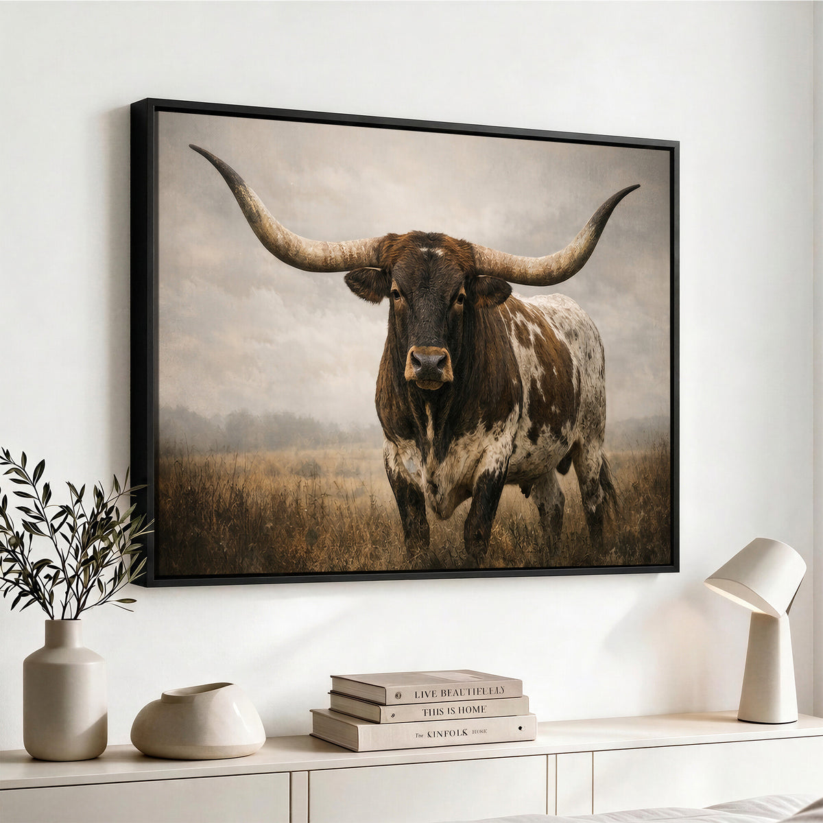 17622011L-_Poster-30x20 - Longhorn Bull Wall Art Canvas Print, Western Farmhouse Decor