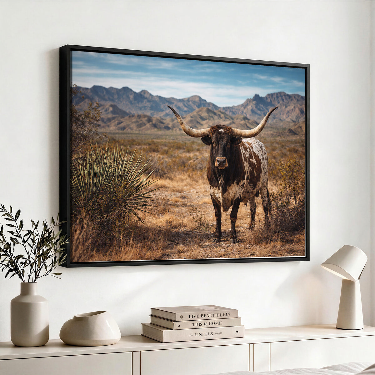 17622011S-MGV-CV-36X24 - Texas Longhorn Bull Wall Art Canvas Print, Western Farmhouse Cowboy Decor, Rustic Texas Ranch Cattle Artwork for Living Room Bedroom Office, Framed Wall Decor