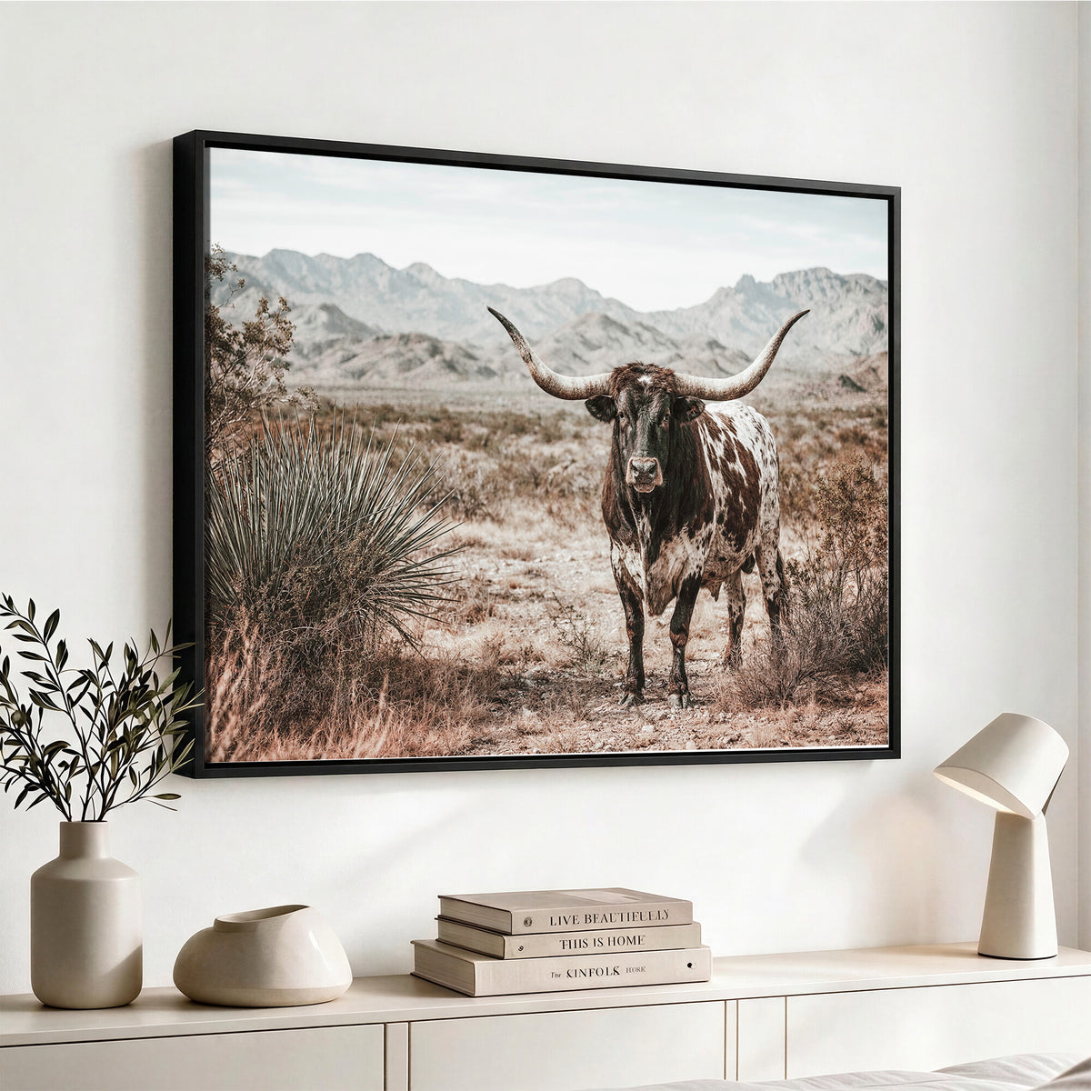17622011H-MGV-CV-36X24 - Texas Longhorn Bull Wall Art Canvas Print, Western Farmhouse Cowboy Decor, Rustic Texas Ranch Cattle Artwork for Living Room Bedroom Office, Framed Wall Decor