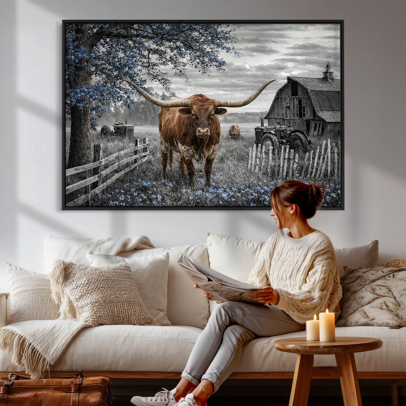 19366343-MGV-CV-36X24 - Texas Longhorn Canvas Wall Art, Rustic Farm Barn Bluebonnet Photography Print, Farmhouse Country Decor, Western Ranch Art, Old Truck Tractor Print
