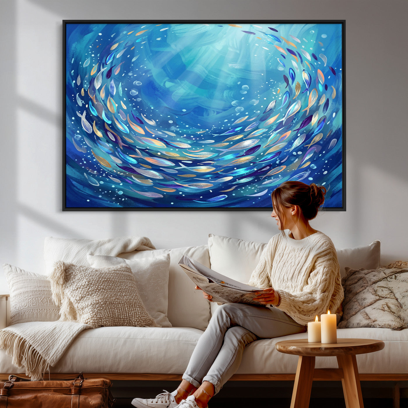 78699899-MGV-CV-36X24 - School of Fish Canvas Print | Blue Ocean Underwater Wall Art | Swirling Fish Shoal Illustration | Marine Navy Coastal Decor