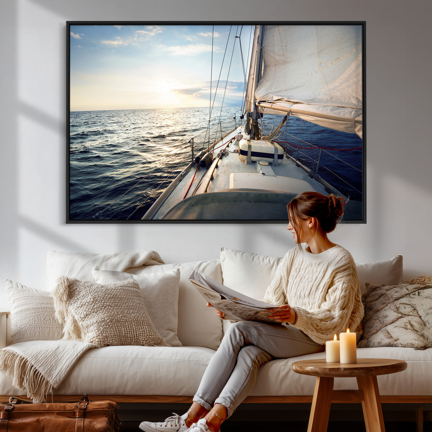 76381335-MGV-CV-36X24 - Sailboat Wall Art Canvas Print, Ocean Sunset Sailing Framed Artwork, Coastal Nautical Seascape Decor for Living Room Office Beach House