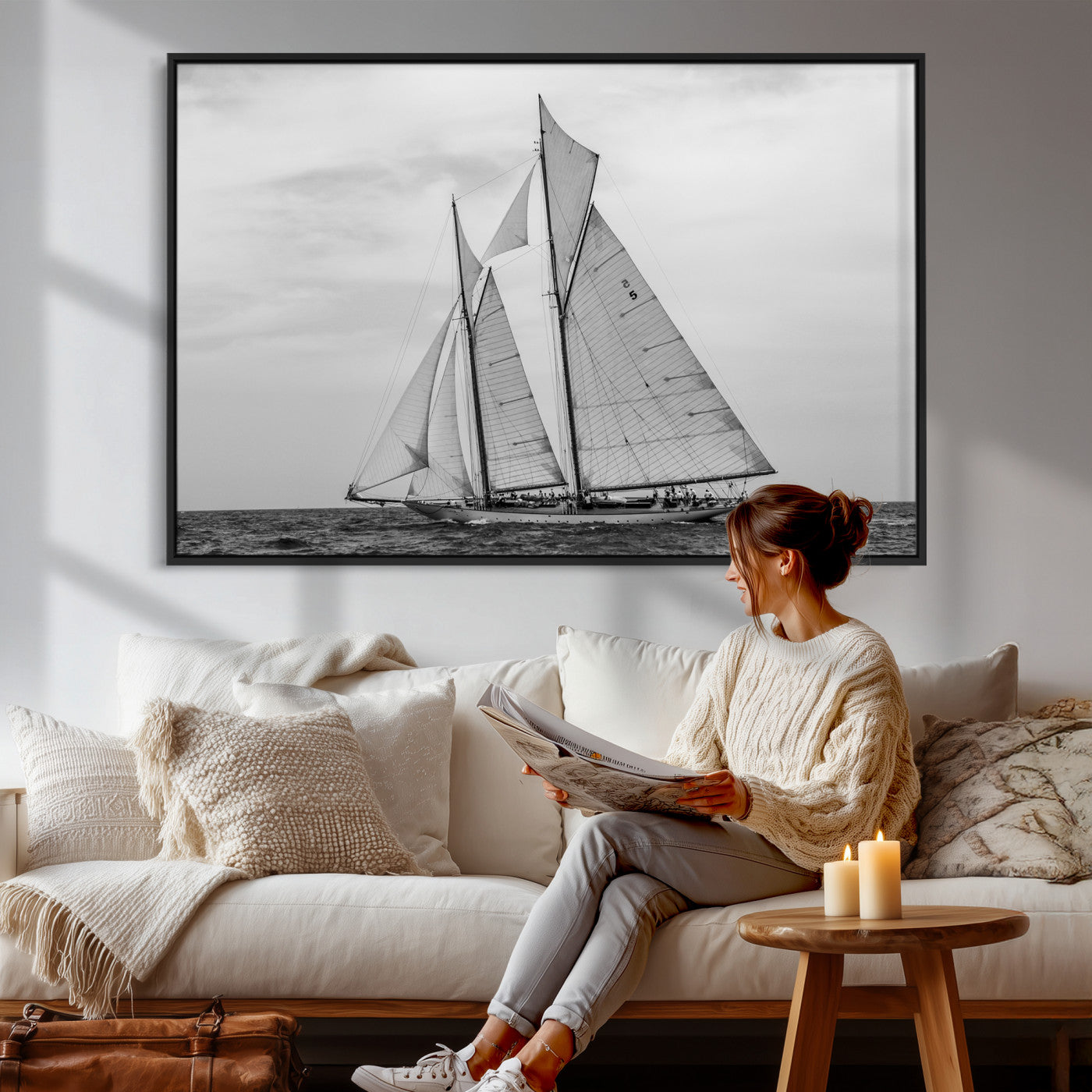 52882918-MGV-CV-36X24 - Vintage Sailboat Wall Art Canvas Print, Black and White Schooner Framed Artwork, Nautical Ocean Sailing Decor for Living Room Office Beach House