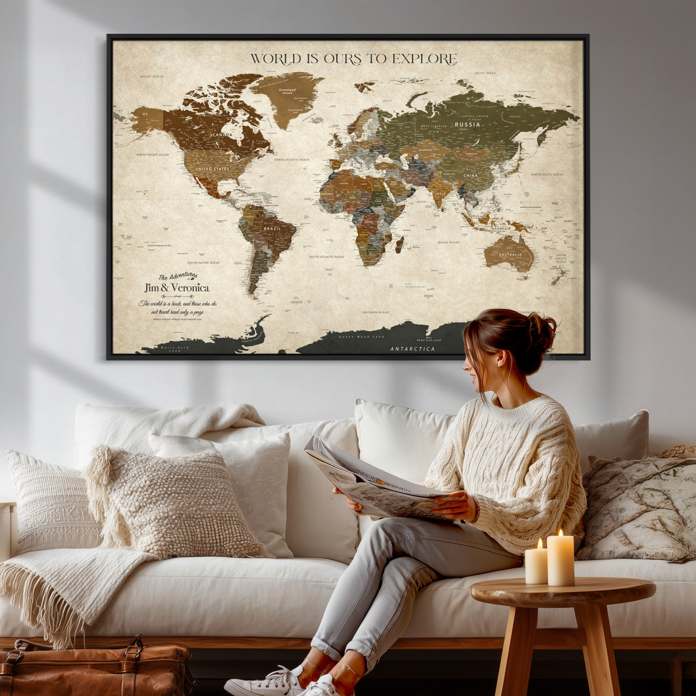 64110391126O-MGV-CV-36X24 - Custom Push Pin World Map Wall Art Canvas Print – Personalized Travel Tracker with Pins Framed Large for Home and Office Decor