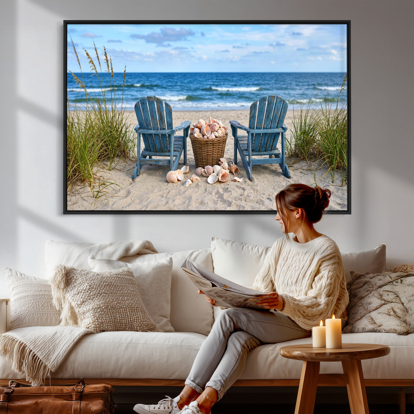 80268829-MGV-CV-36X24 - Large Beach Canvas Wall Art Coastal Adirondack Chairs Ocean Seashells Blue Nautical Framed Large for Living Room Bedroom Bathroom Decor