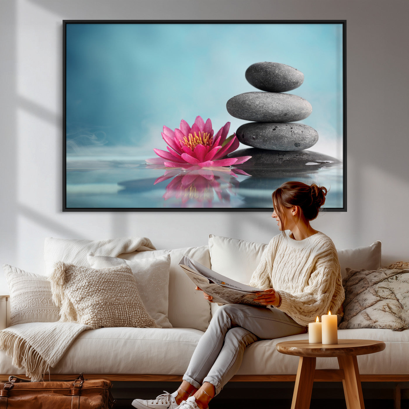 84293154-MGV-CV-36X24 - Zen Canvas Wall Art Lotus Flower Stacked Stones Teal Spa Meditation Relaxation Framed Large for Bathroom Bedroom Living Room Office Decor