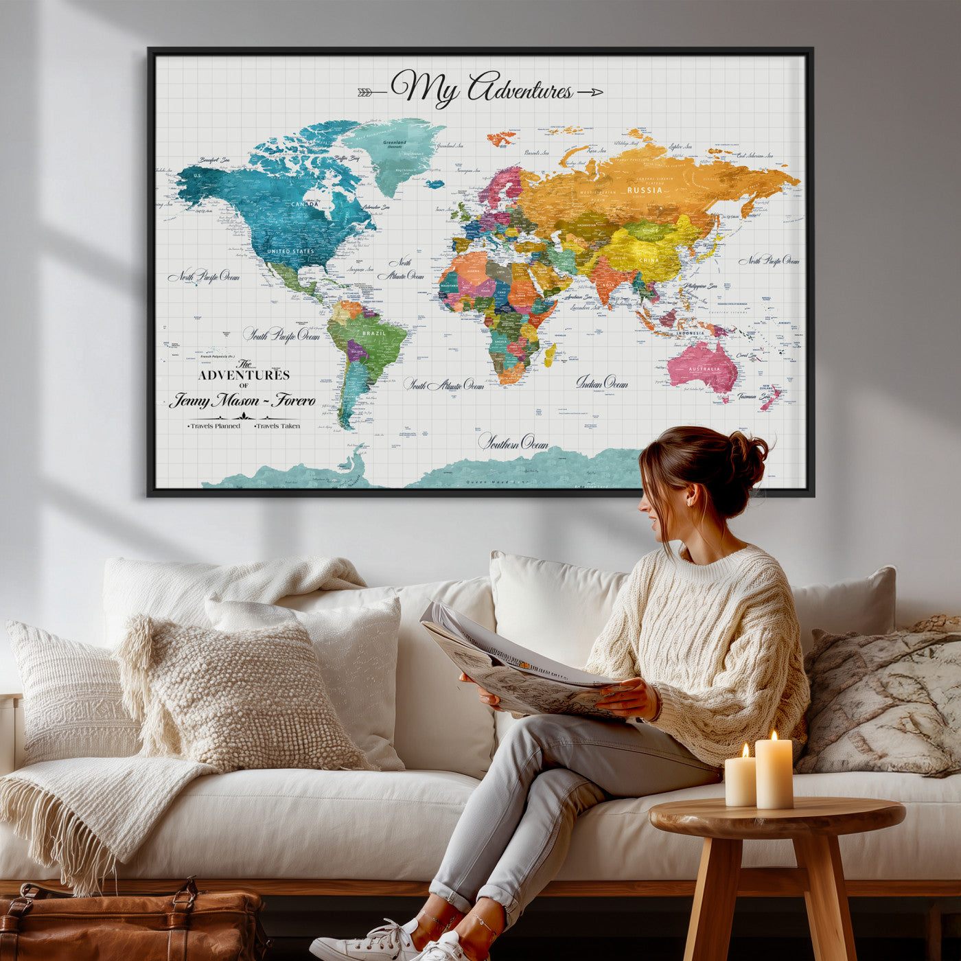 56239817-MGV-CV-36X24 - Custom Push Pin Watercolor World Map Canvas Wall Art Print – Abstract Colorful Travel Wall Decor