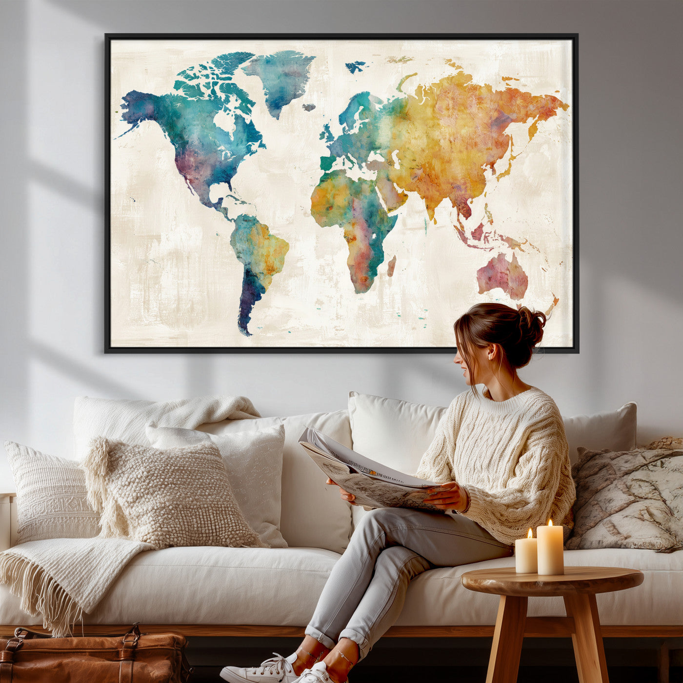 56556018-MGV-CV-36X24 - Watercolor World Map Canvas Wall Art Print – Abstract Colorful Travel Wall Decor