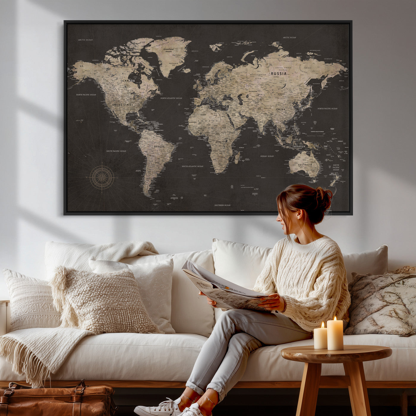 56556018136-MGV-CV-36X24 - World Map Canvas Wall Art Dark Charcoal Antique Tan Detailed Every Country Labeled Framed Large for Home Office Living Room Bedroom Decor