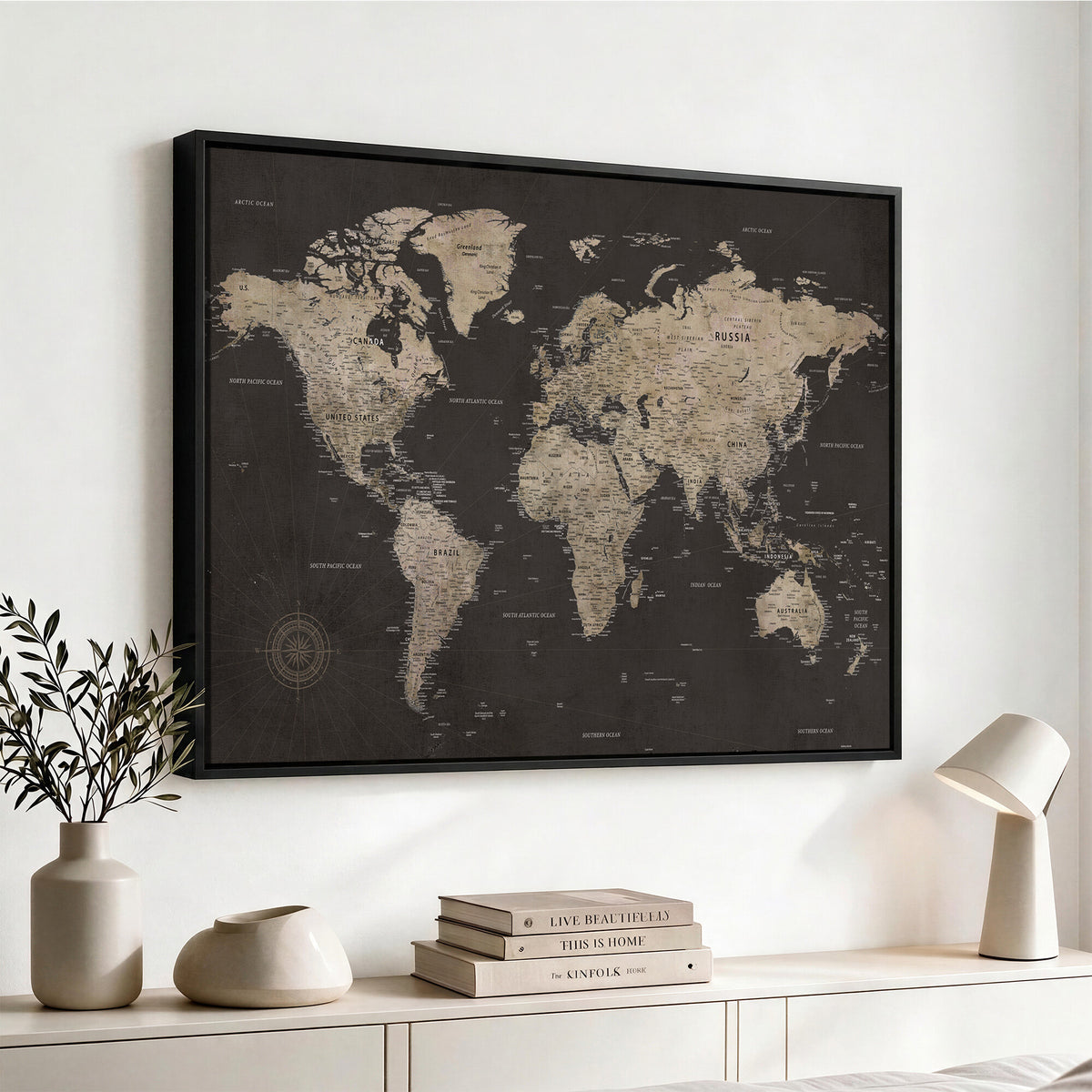 56556018136-MGV-CV-36X24 - World Map Canvas Wall Art, Dark Charcoal and Antique Tan Detailed Map